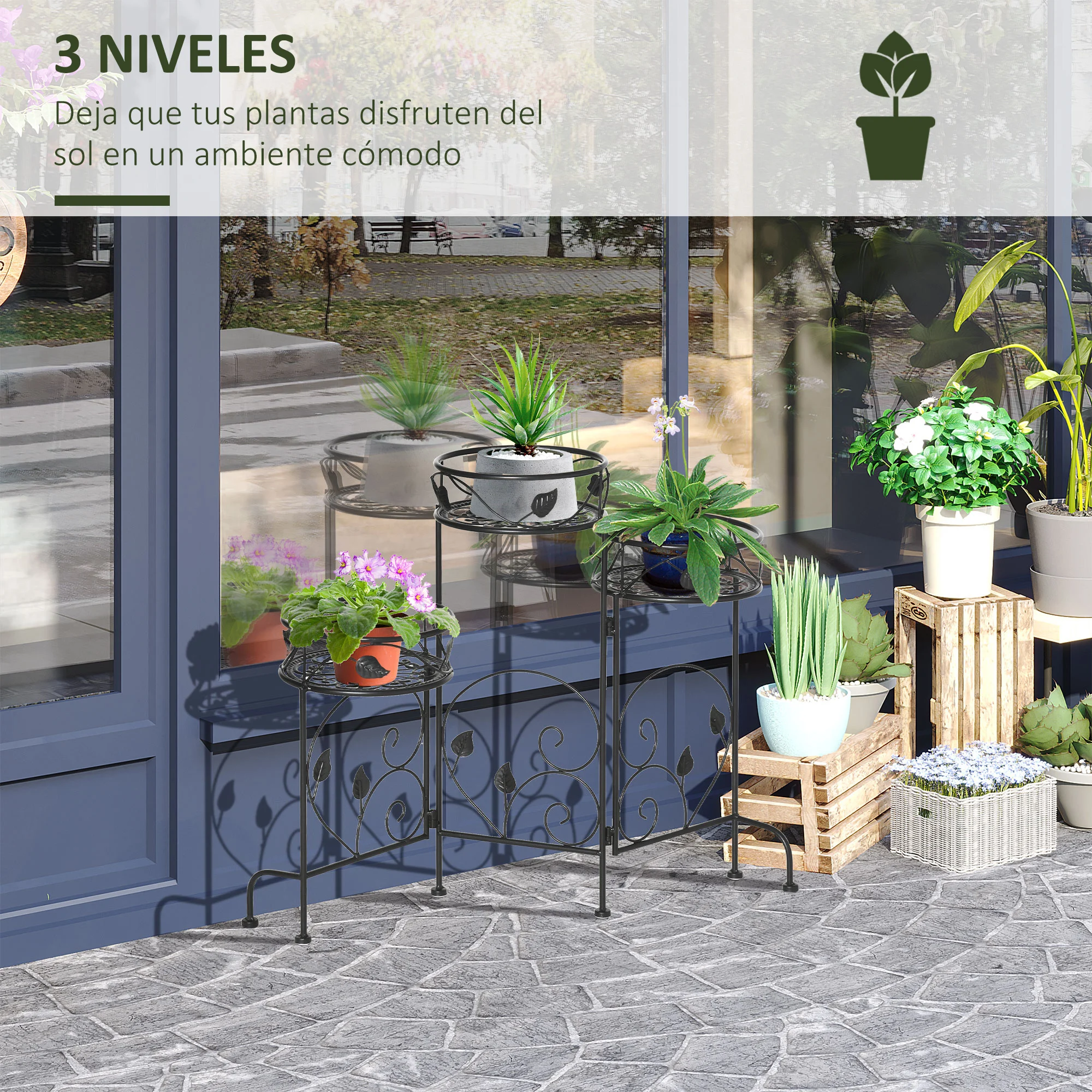 Suporte de metal para plantas Outsunny, suporte dobrável para vasos de flores com 3 prateleiras, decoração para ambientes internos e externos, ideal para jardim, terraço e varanda, 74 x 23 x 62 cm, preto.