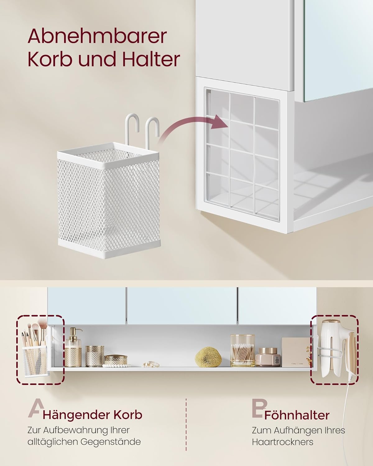 VASAGLE Spiegelschrank Bad mit Beleuchtung, 16,5 x 90 x 75 cm, Steckdosen, Hängekorb, Haartrockner-Halter, Spiegelschrank, Badschrank, Wandschrank, für Badezimmer, wolkenweiß BBK136W01