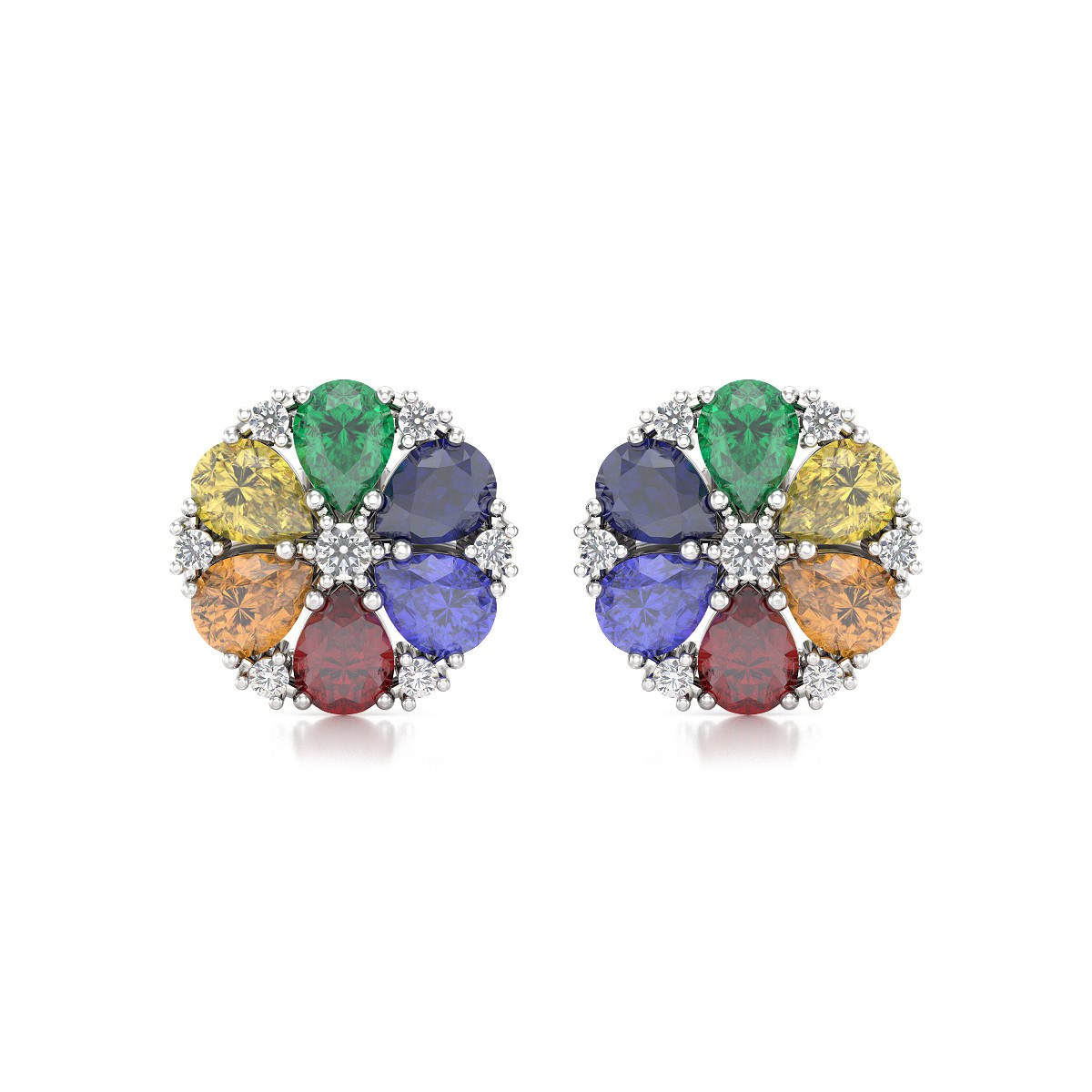 Boucles d'oreilles ADEN Or 585 Blanc Multi-Pierres précieuses et Diamant 2.74grs