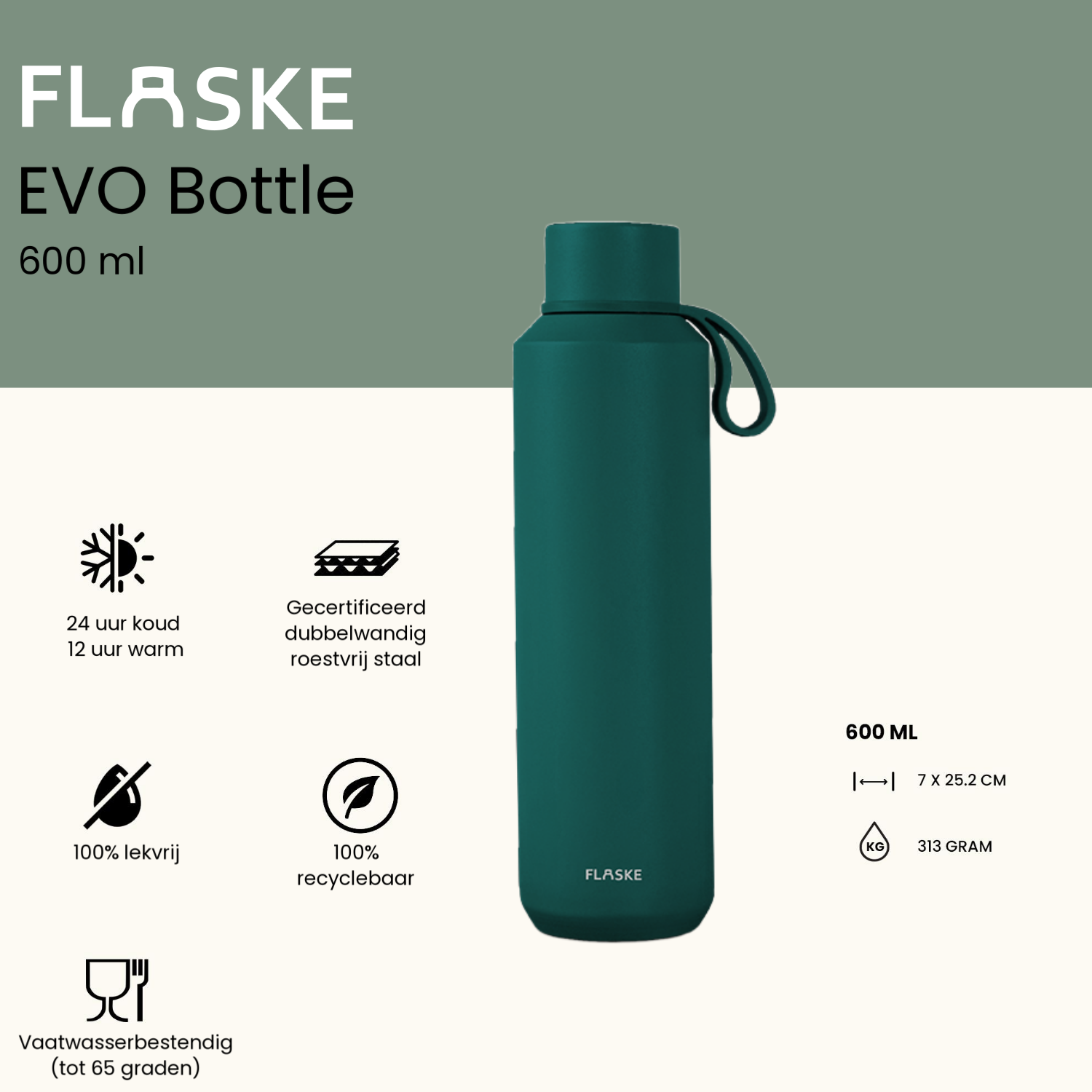 Flaske 600ml  rvs drinkfles - moss