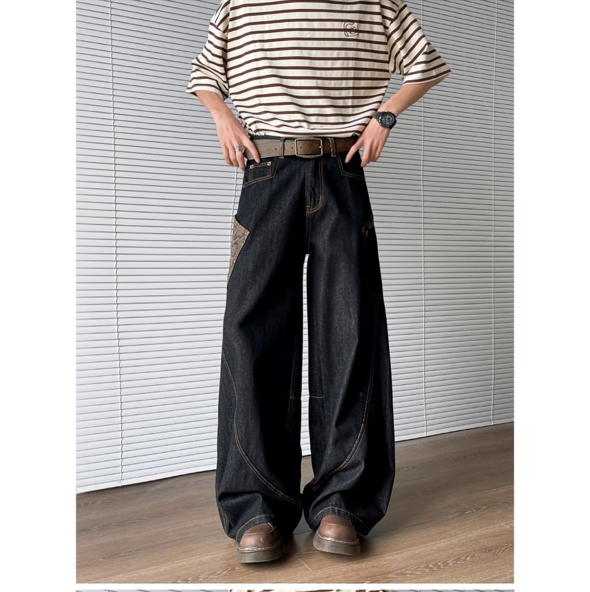 Filmas - Mid Rise Snakeskin Print Panel Washed Wide Leg Jeans