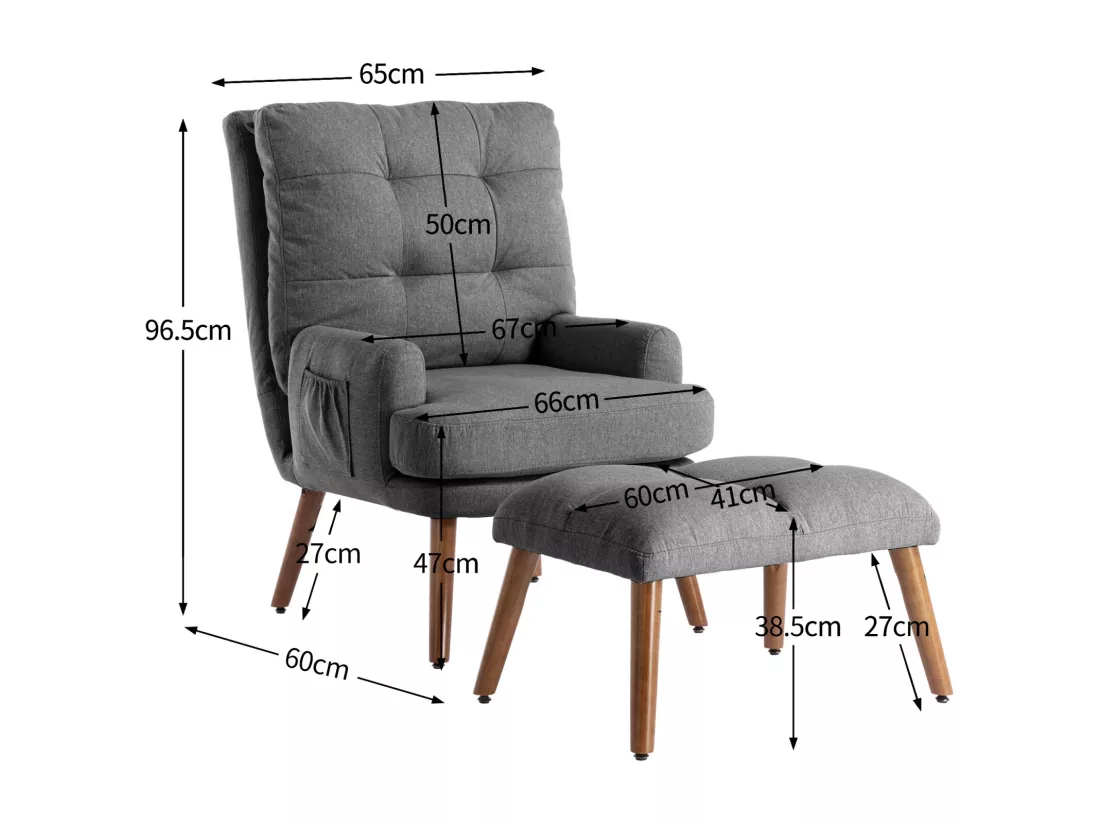 Chaise longue avec repose-pieds, dossier réglable sur 10 niveaux, inclinable, chaise avec étagère latérale-Gris