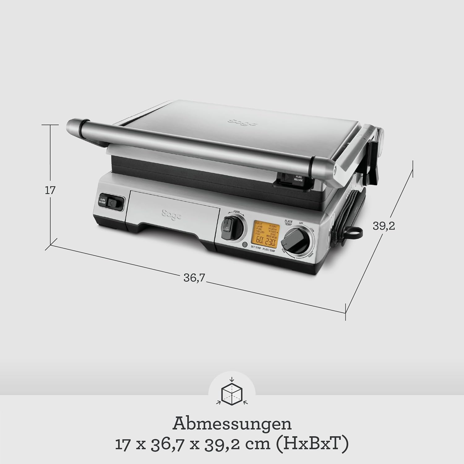 Sage - The Smart Grill Pro - Elektrischer Grill, Kontaktgrill - Optimale Ergebnisse mit Temperaturfühler - Abnehmbare Grillplatten - Für Drinnen & Draußen - Leicht zu Reinigen - Gebürsteter Edelstahl
