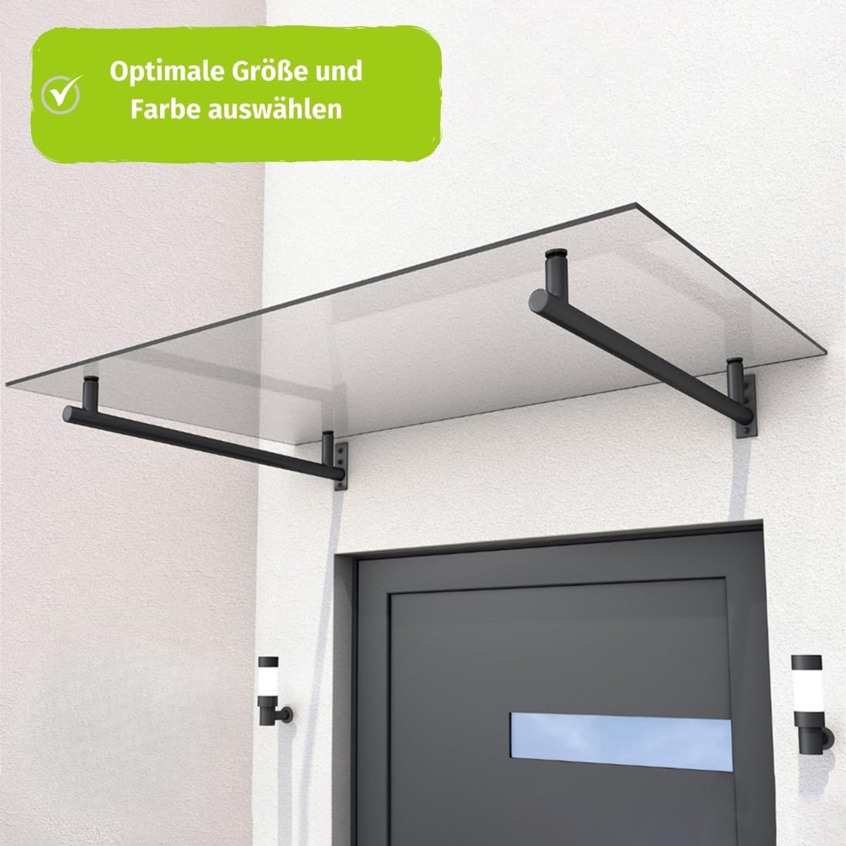 HORI Vordach für Haustür - Eingangstür Überdachung UV-Schutz - Sicherheitsglas Edelstahl Träger Silber - Pultvordach Eingangsbereich - Sonnenschutz wetterfest pflegeleicht - Silber 140 x 80 cm