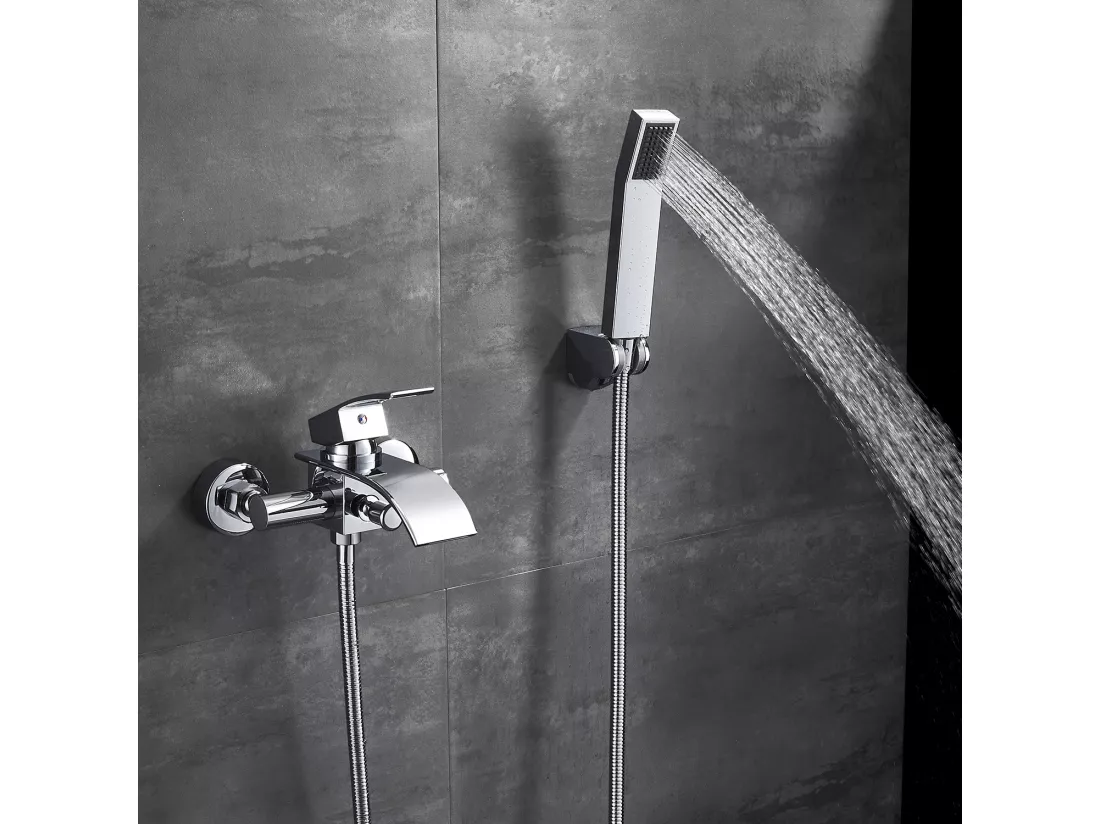 Mitigeur de Baignoire Cascade avec Douche à Main et Flexible de douche 1,5m Robinet de Douche Robinetterie mural Robinet de bain en Laiton Chrome