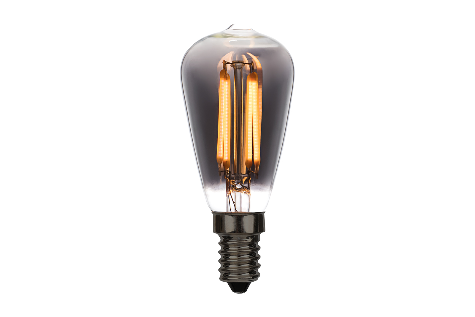 Edison LED-dekorpære E14 Sotet glass med E14-sokkel og rette glødetråder med varmhvitt lys. Ikke dimbar. 60lm.\n