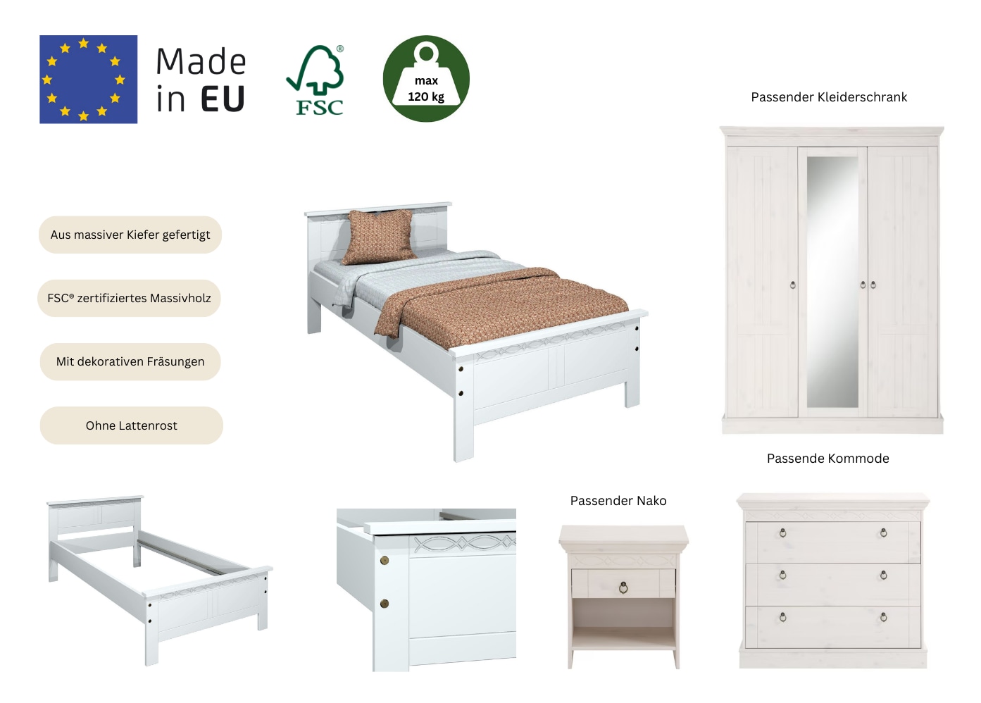 Home affaire Massivholzbett »Indra, TOPSELLER, Landhausstil, edles Design,zertifiziertes Massivholz« Breite/Belastbarkeit 180cm/220 KG, 140cm/180 KG, 90cm/120 KG,  mit dekorativen Fräsungen, in 2 Breiten und Farben