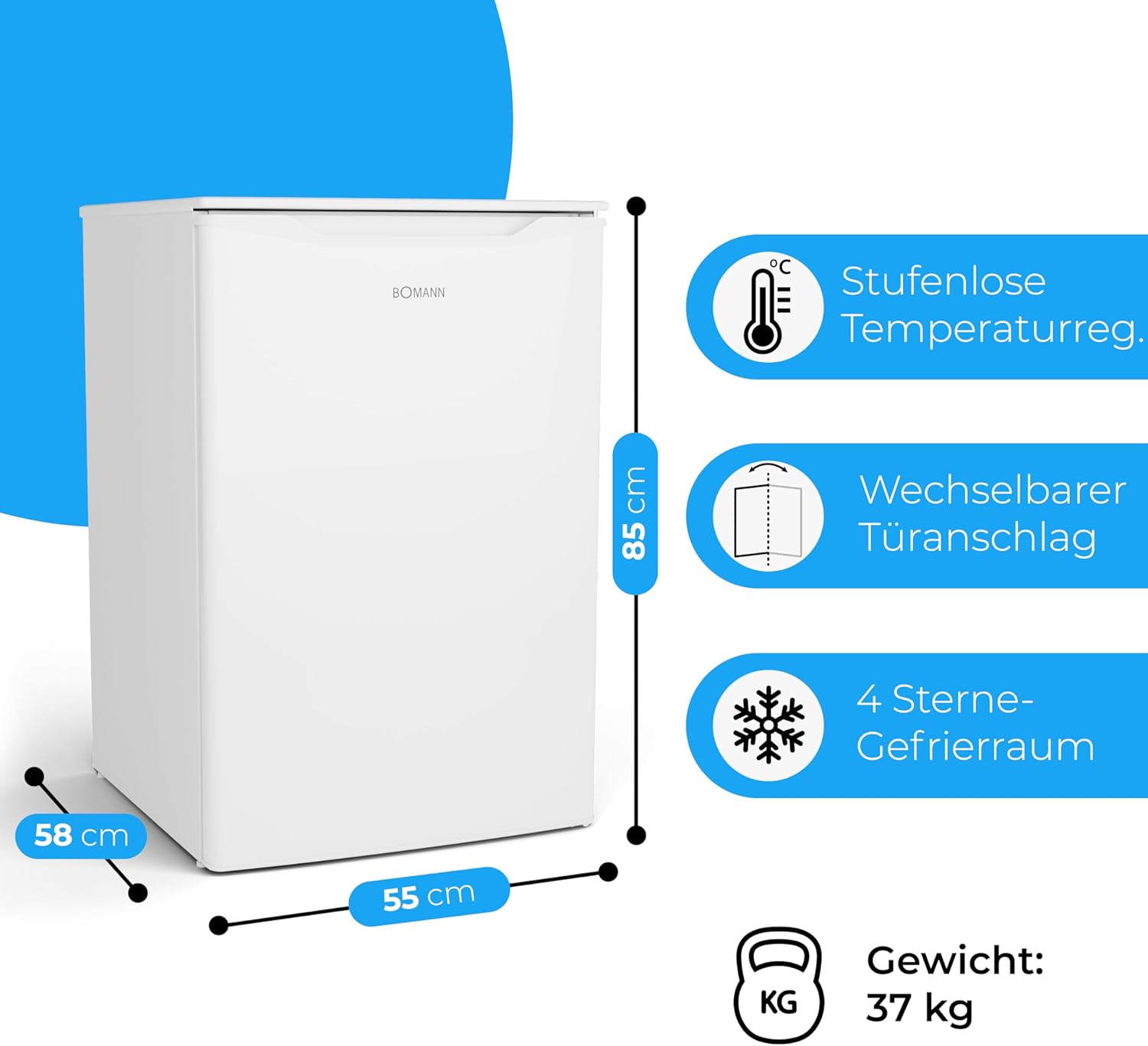 Bomann, Congélateur 87L GS7253-Blanc 4 Étoiles, Contrôle Progressif de Température, 3 Tiroirs, Bac à Glaçons, Réversible, Classe N/ST/T, Idéal pour Viandes et Légumes, Niveau Sonore 40 dB