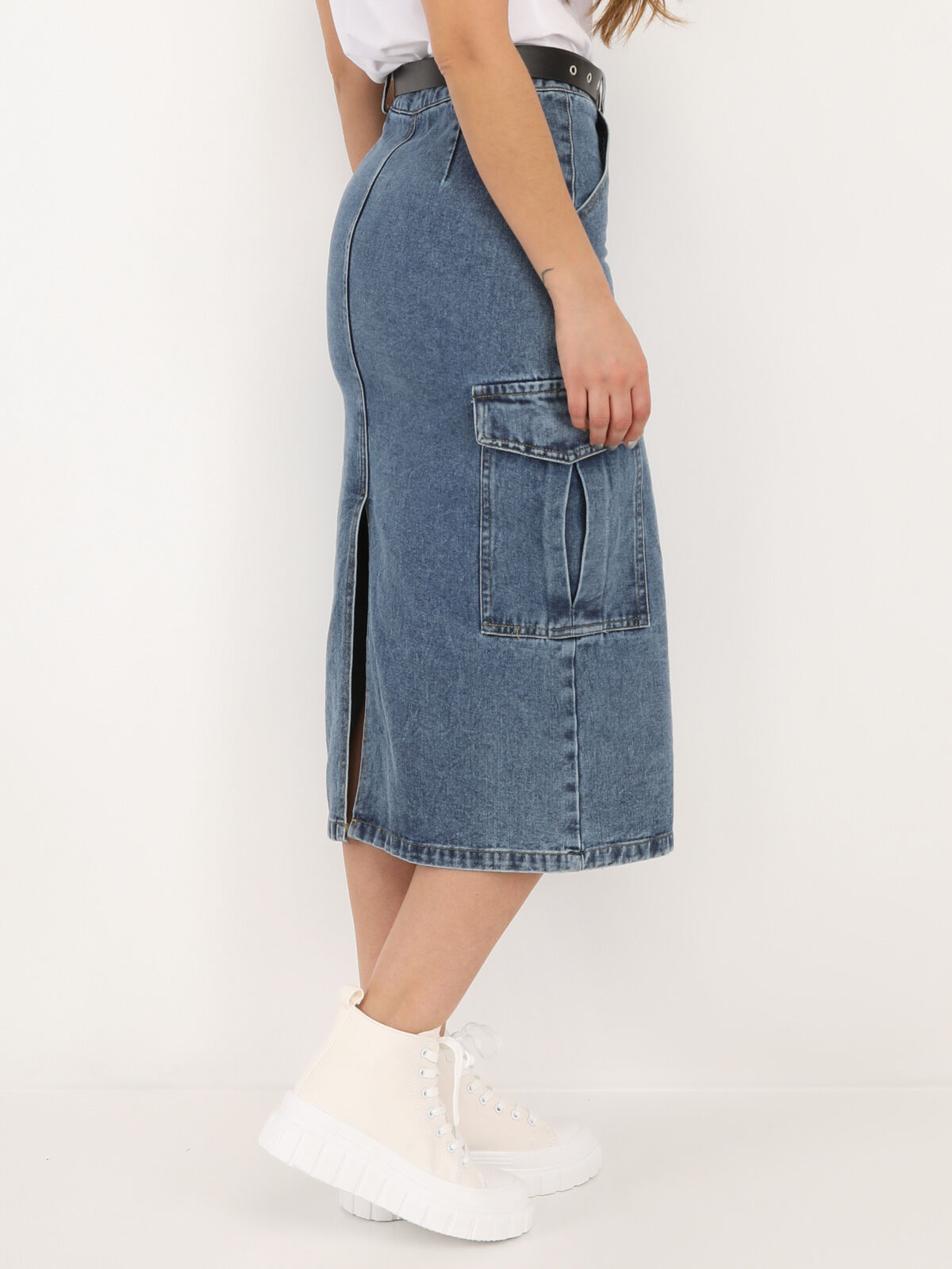 Jupe cargo en jeans avec ceinture- Bleu