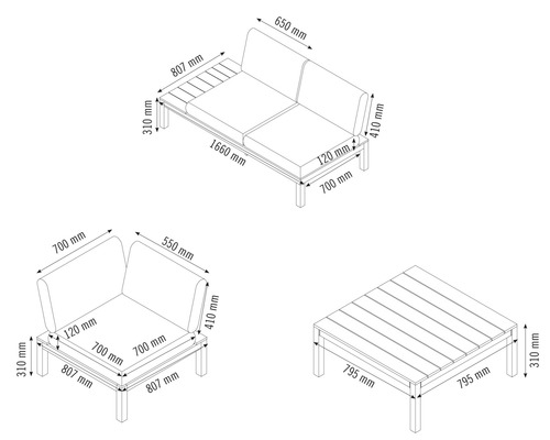 5-zits loungeset bestaande uit: 1 hoekmodule, 2 bankmodules, aluminium/kunststof, wit, inclusief kussens.
