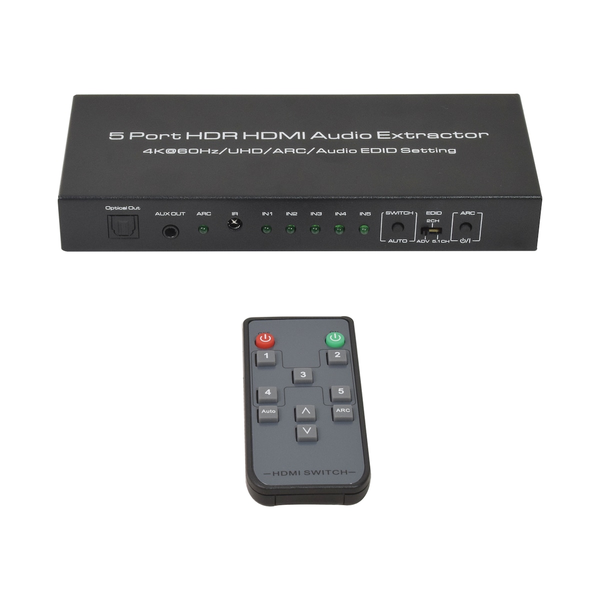 HDMI-bryter 5x, 4K 60Hz med ARC-lydekstrakter HDMI 2.0 HDR og fjernkontroll Sort