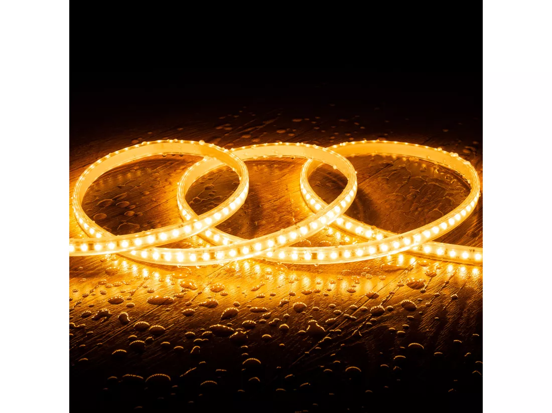 Ruban LED Dimmable Auto-redressement 220V SMD2835 120LED/m 1000 lm/m IP65 Largeur 12mm sur mesure Coupe tous les 10cm 2700K Blanc chaud 30 m