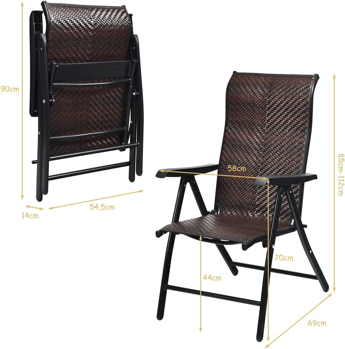 COSTWAY 2er Set Gartenstühle Polyrattan, Klappstühle mit 5-Fach Verstellbarer Rückenlehne, Hochlehner Balkonstühle, wetterfeste klappbare Terrassenstühle für Garten, Balkon, Terrasse