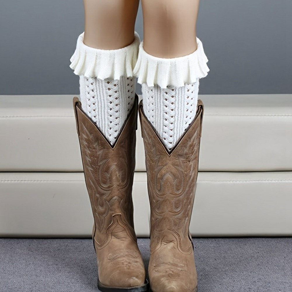 (1 Paar) 43cm Damen Beinstulpen Stiefel Accessoire Strick Beinwärmer (One Size) - Weiss