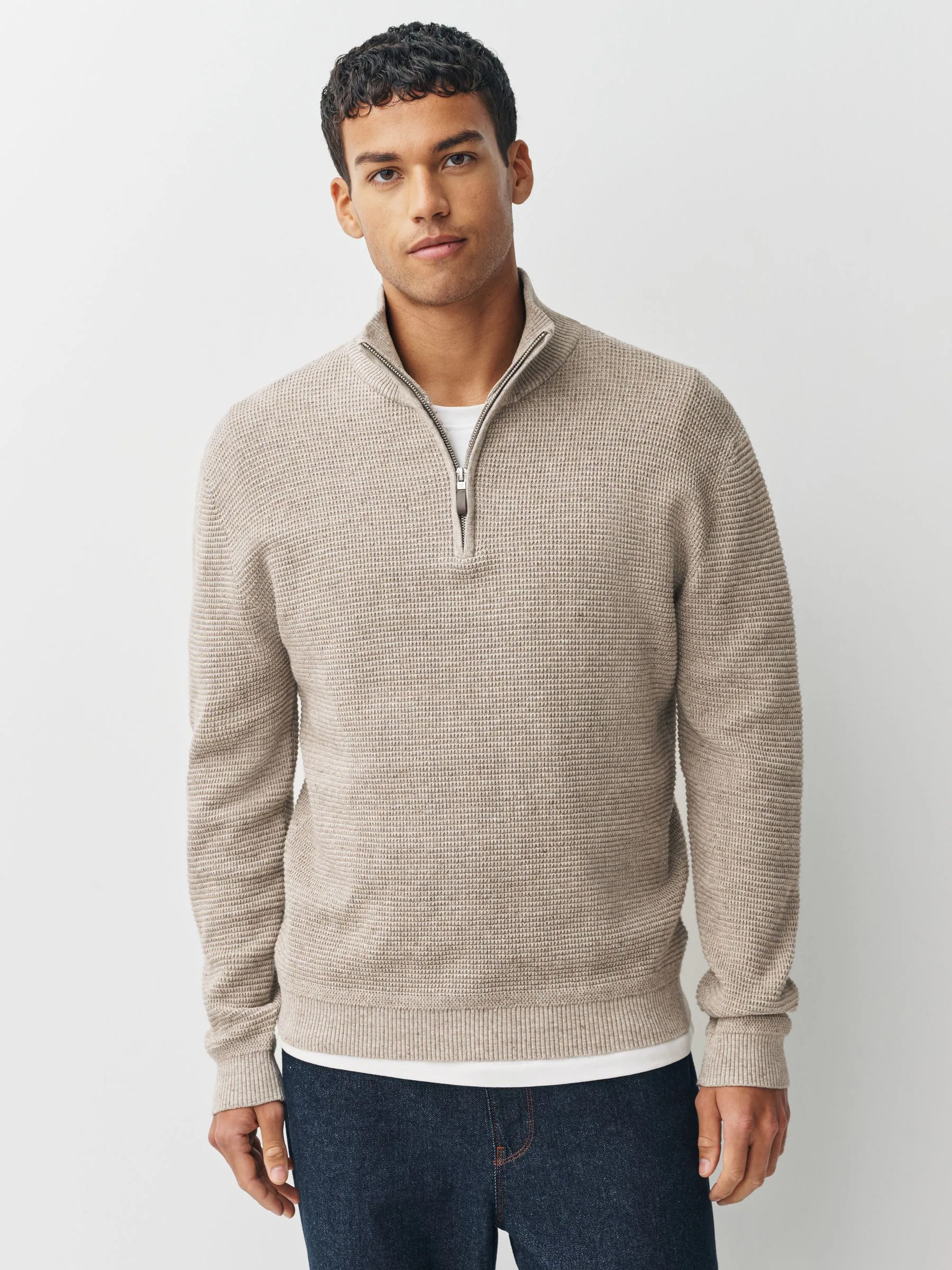 Neutraal - Effen - Regular Fit 100% Cotton Textured Premium Quarter Zip Jumper