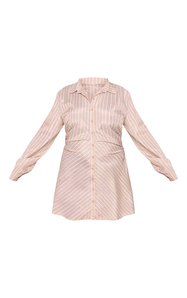 Beige Robe Chemise Grande Taille À Rayures Fines Avec Boutons Et Manches Longues Froncées