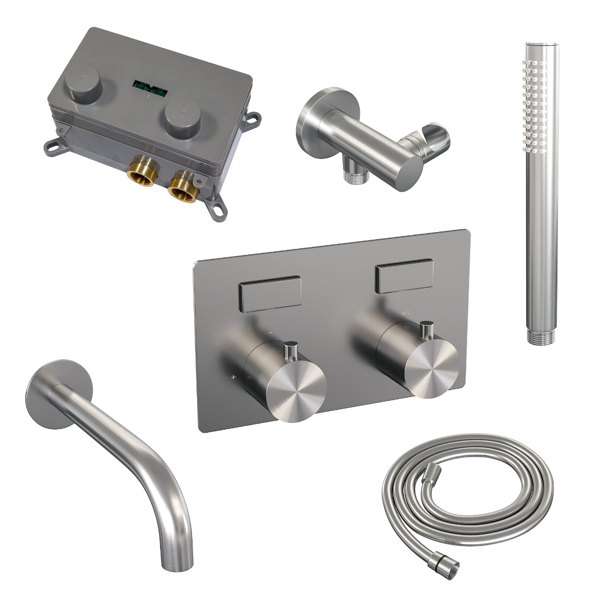 Brauer Brushed Edition thermostatische inbouw badkraan met uitloop en staafhanddouche set 3 RVS geborsteld PVD