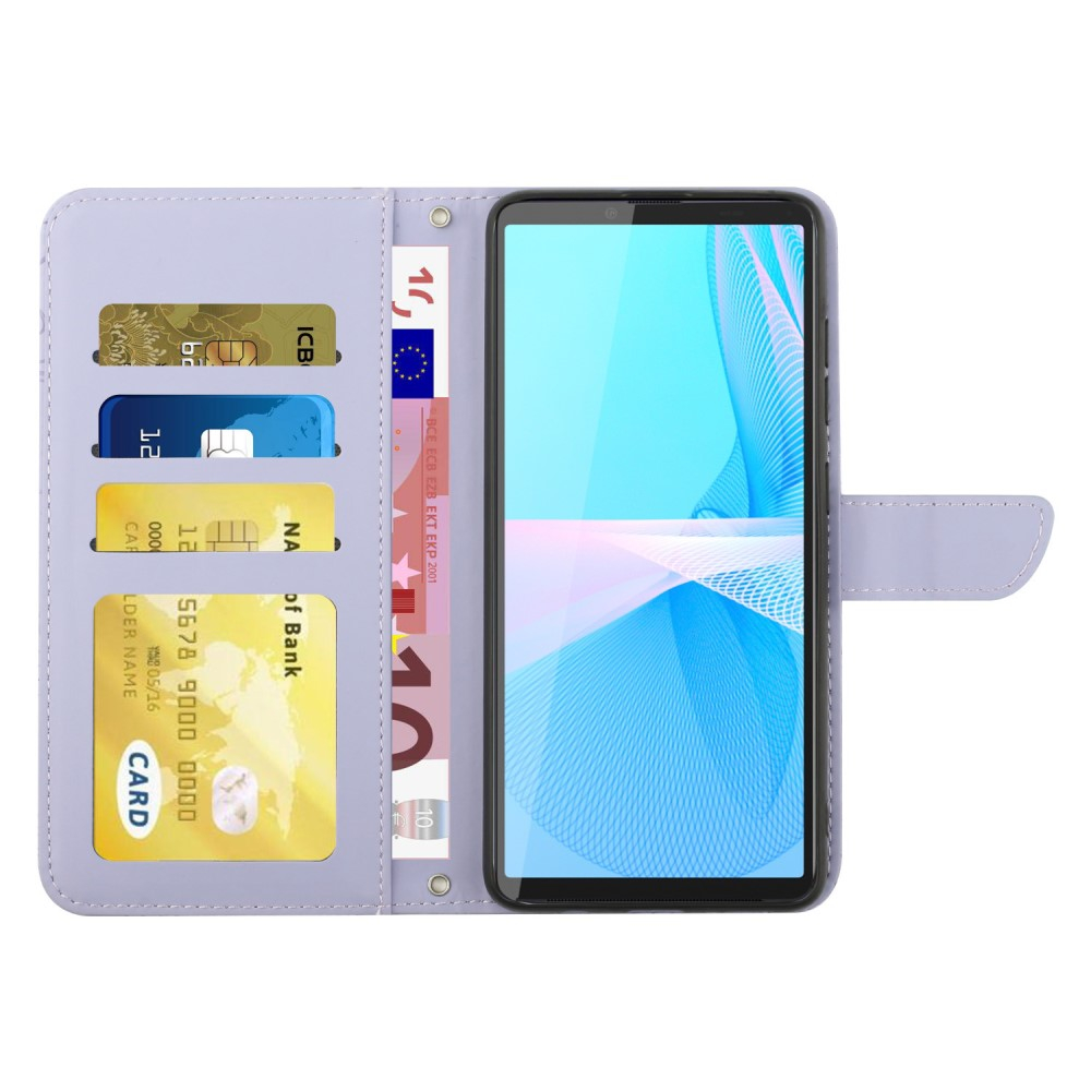 Sony Xperia 10 IV Necklace Leder Tasche Flip Cover Pfingstrosen Imprint - Lila