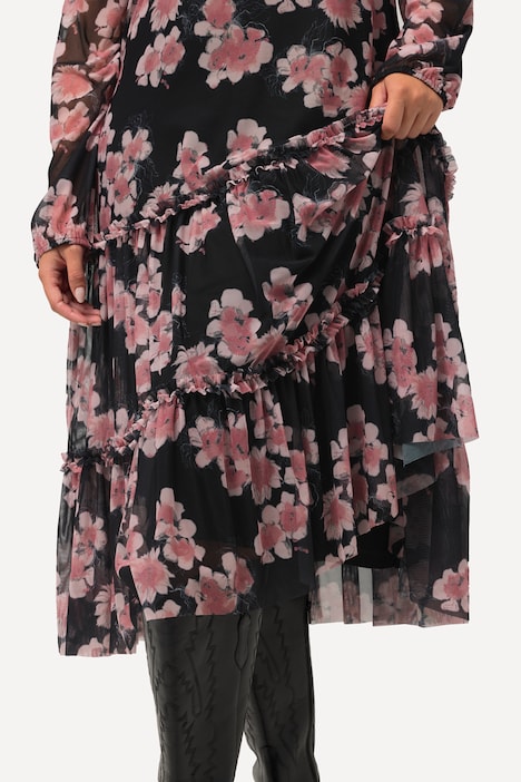 Midikleid, doppellagig, Blumen, V-Ausschnitt, Langarm