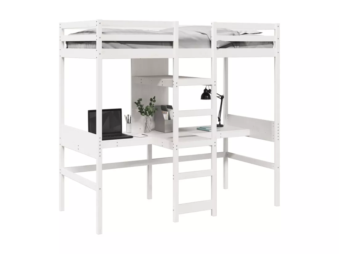Lit mezzanine avec bureau et étagères blanc 90x200cm pin massif