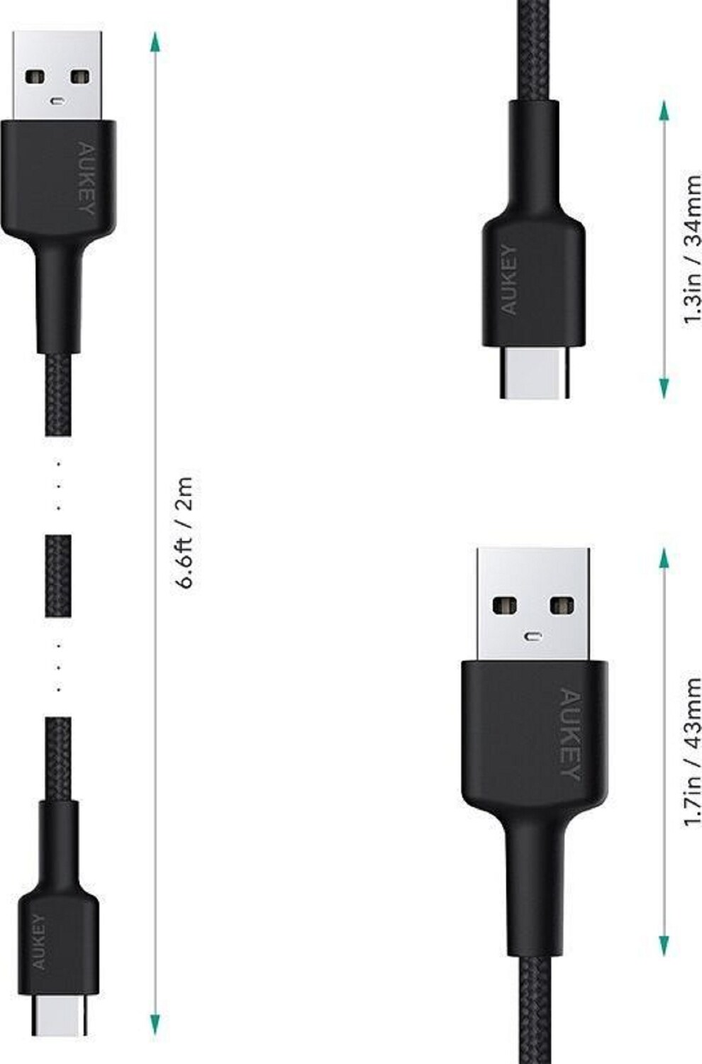AUKEY CB-CMD29 USB Kabel 2m USB 2.0 USB A Kabel auf USB Cfür Samsung Galaxy Note, Nexus, Nintendo, 2 Stücken in einer Packung, schwarze Farbe