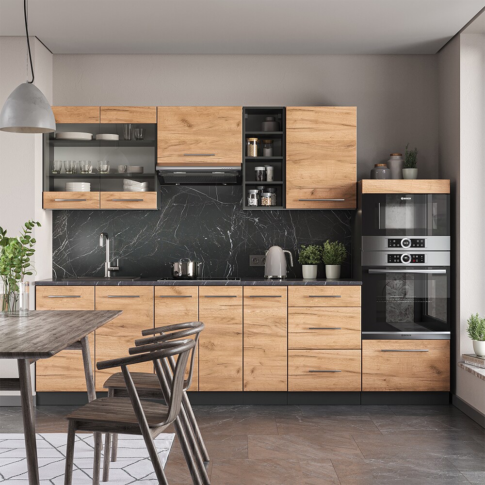 Vicco Küchenzeile Küchenblock Einbauküche Fame-Line Anthrazit Eiche 280cm modern Küchen Schränke Spülenunterschrank Unterschrank Schubunterschrank Hängeschrank Mikrowellenschrank Apothekerunterschrank