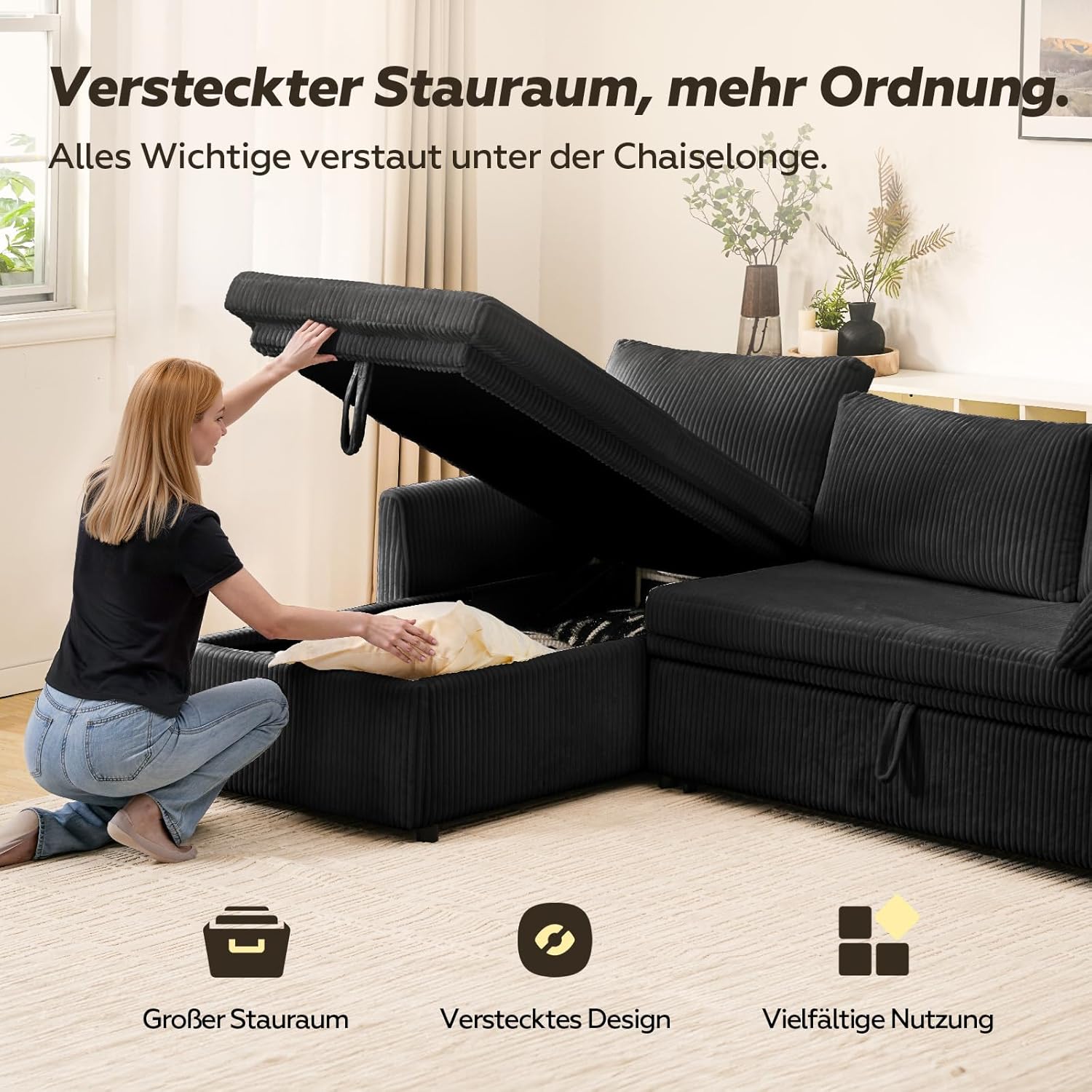 Ecksofa mit Schlaffunktion, Cord-Bezug Schlafcouch in L-Form, Schlafsofa Ausziehbar, Ausziehbares Sofa mit Stauraum, Umkehrbare Chaiselongue (Links & rechts), Schwarz