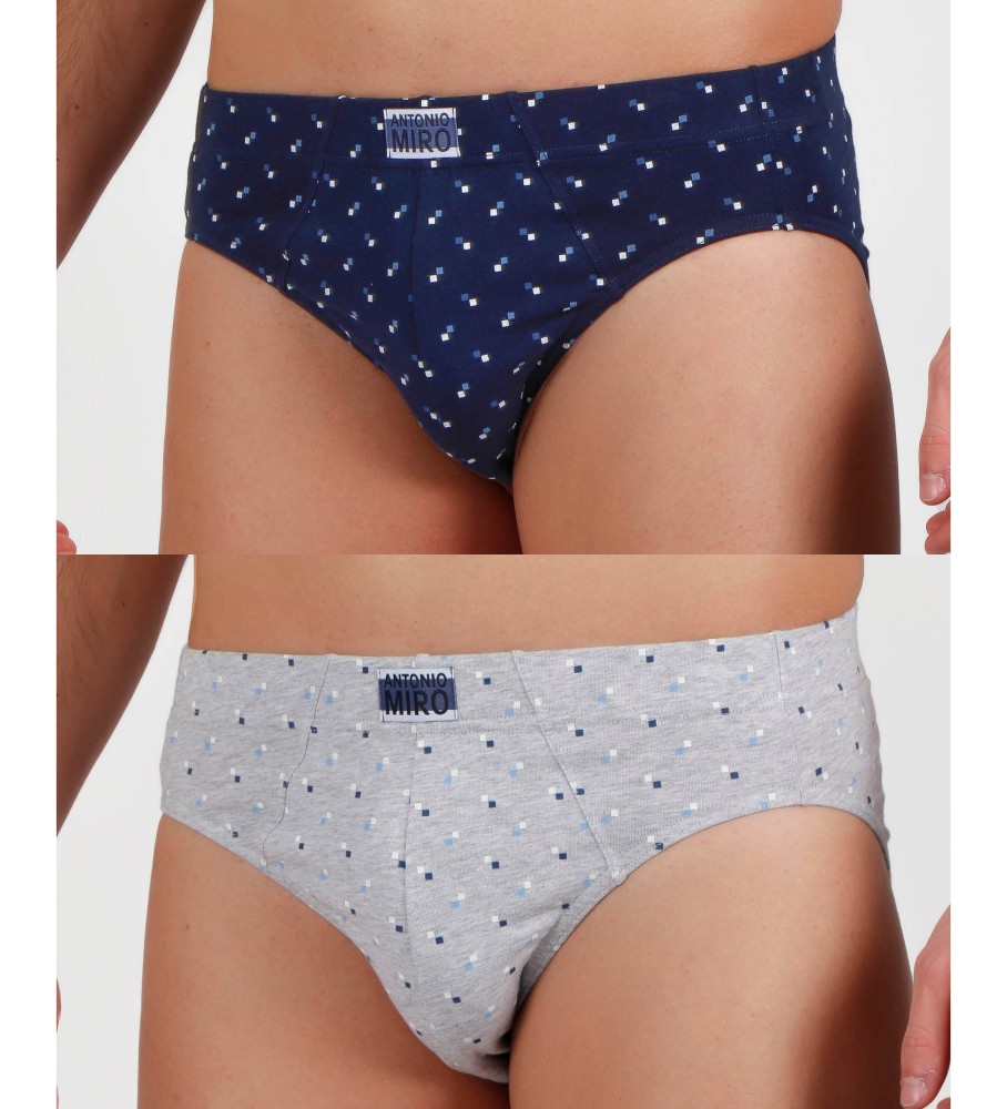 Conjunto de 2 cuecas Antonio Miro, azul-marinho e cinza.
