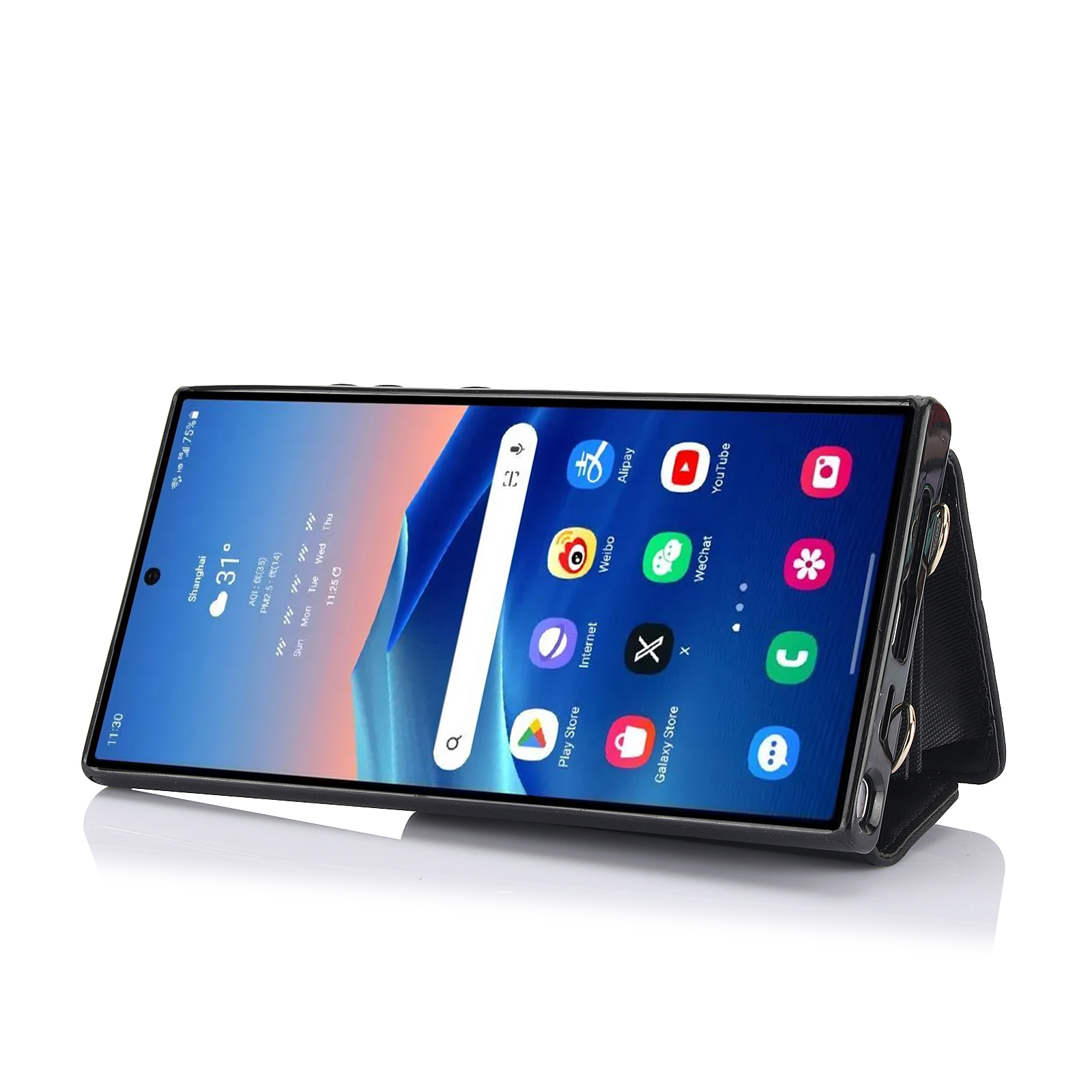 Samsung Galaxy S25 Ultra Necklace Leder Schutz Hülle mit Kartenfach   Handykette (140cm) - Schwarz