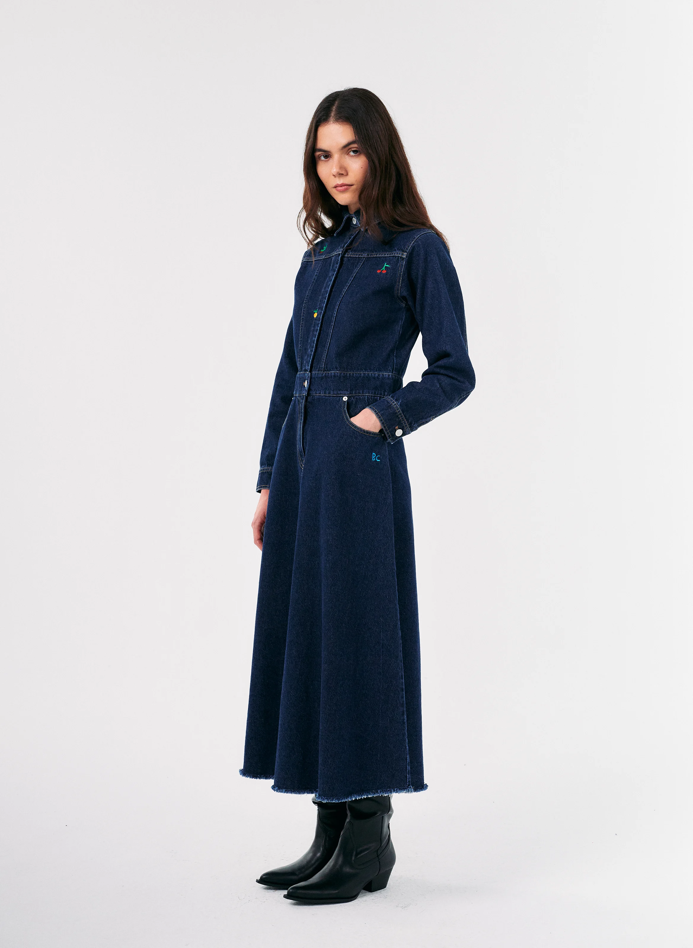 Robe midi col chemise en jean| Bleu