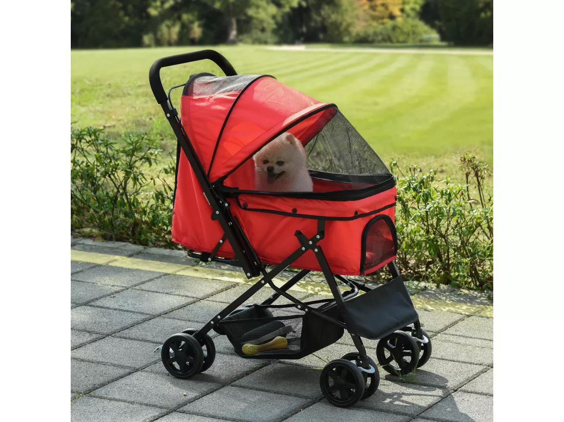 Poussette buggy pliable chien chat panier et sac de rangement attaches sécurité housse réglable poignée réglable acier Oxford rouge