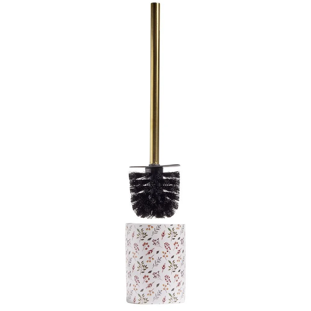 Brosse WC manche doré socle grès motif feuillage blanc vert Ø9,2xH36cm