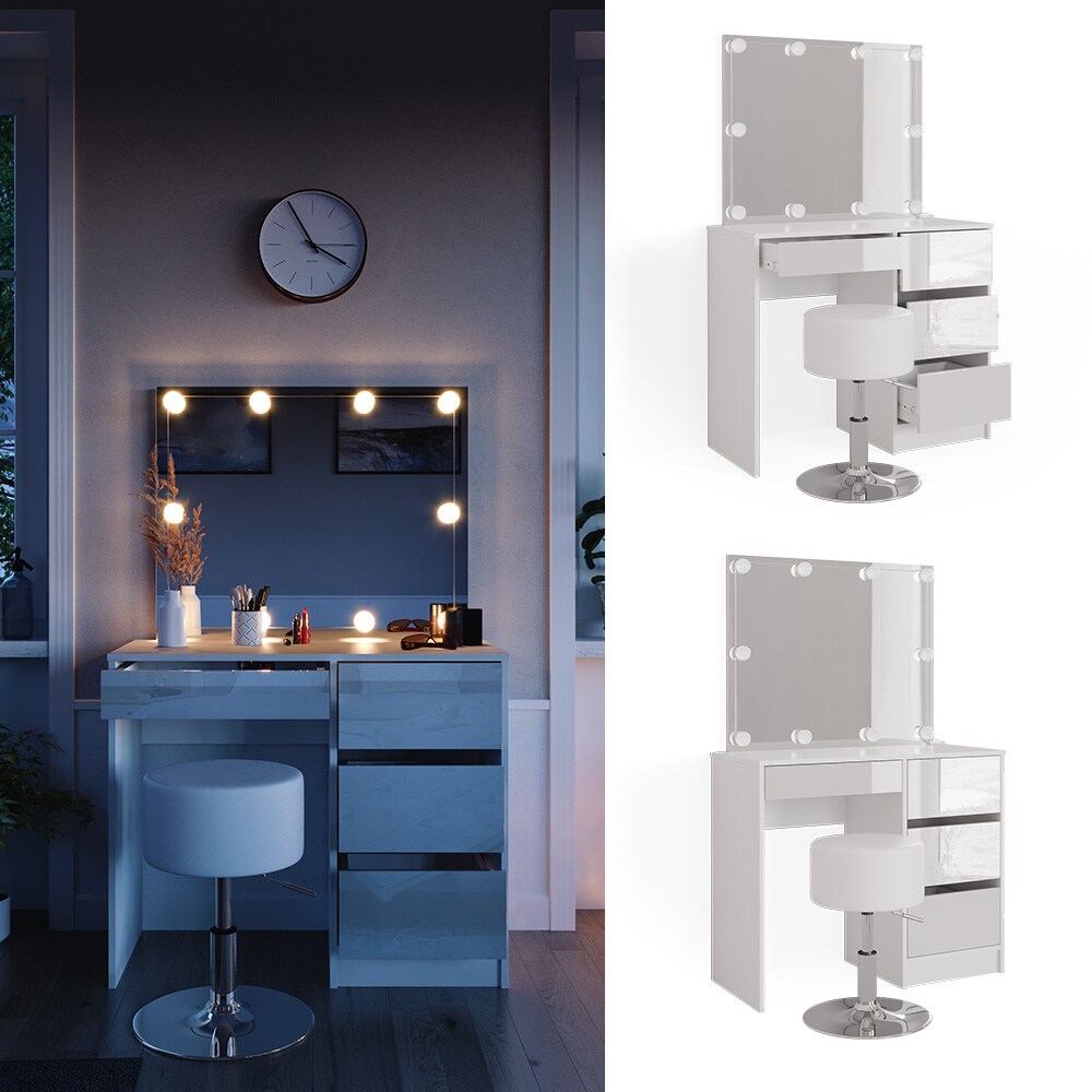 Vicco Schminktisch Frisiertisch Frisierkommode Sherry Weiß Schminkspiegel LED Hocker 90x75 cm modern Schlafzimmer Kommode Schublade Ablage Aufbewahrung Kosmetiktisch Make-Up-Tisch Hochglanz