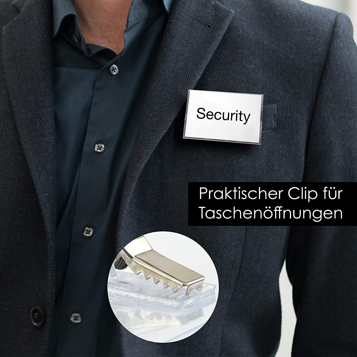 (50er Set) 90x60mm Kombi-Clip Namensschild mit Krokodil Klammer   Anstecknadel Inkl. Papier - Transparent