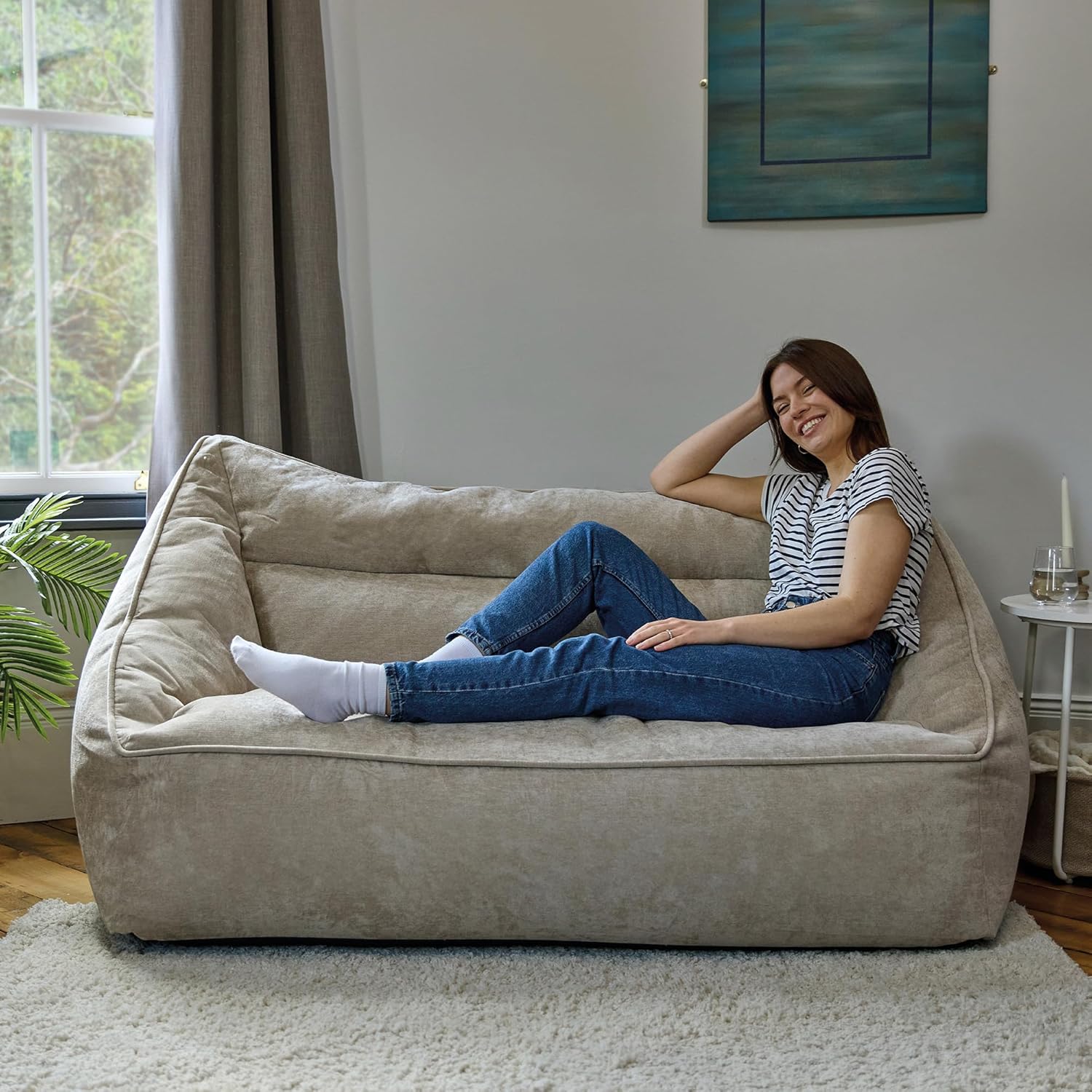 Icon Cecilia Sitzsack Sofa, Beige, Flauschiger Chenille Stoff, 2 Sitzer Sofa für Erwachsene, Riesensitzsack mit Füllung, Bequemer Sessel, Lounge, Wohnzimmer, Deko Wohnzimmer