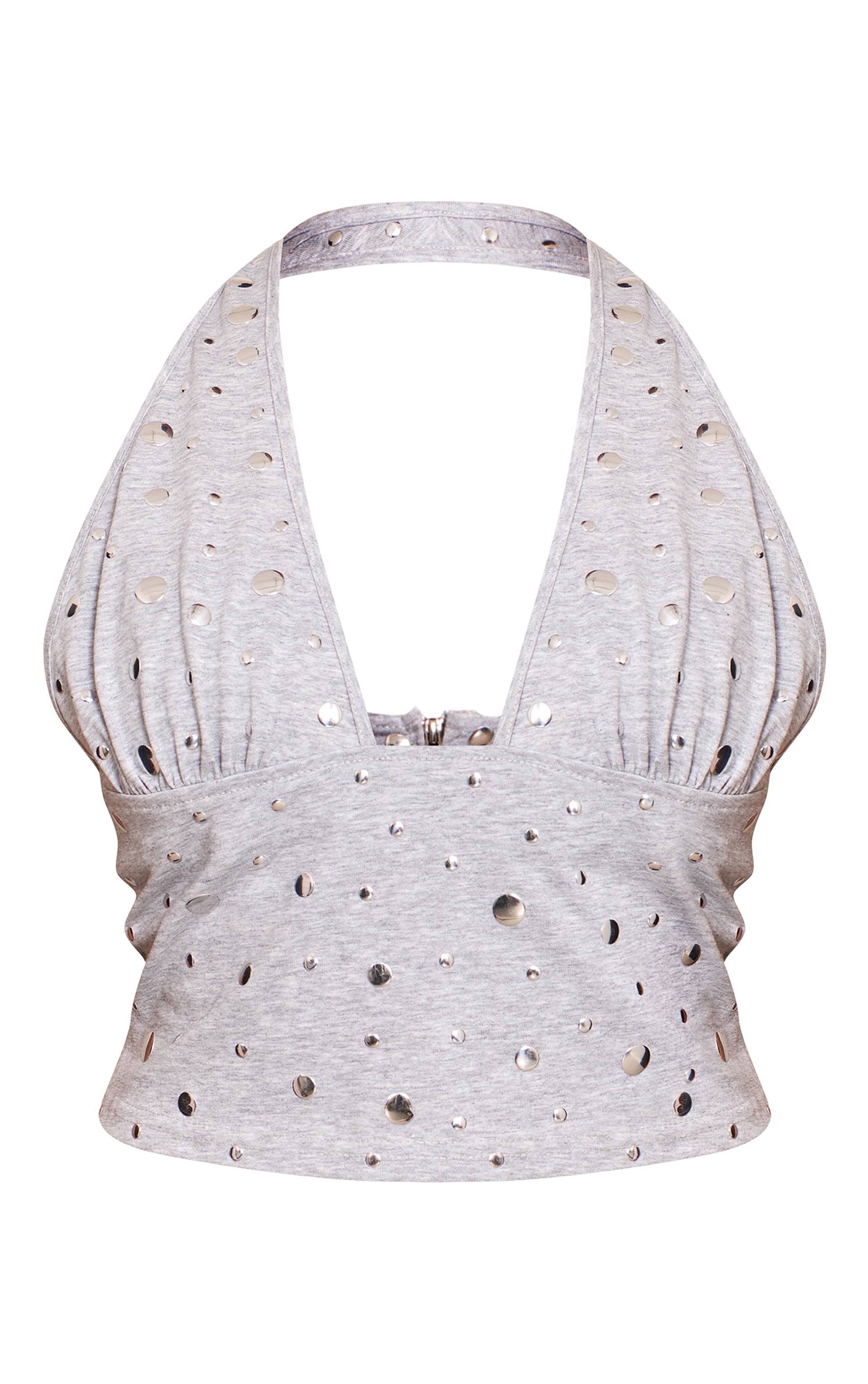 Gris Top Court Petite Col Licou Avec Détails Cloutés