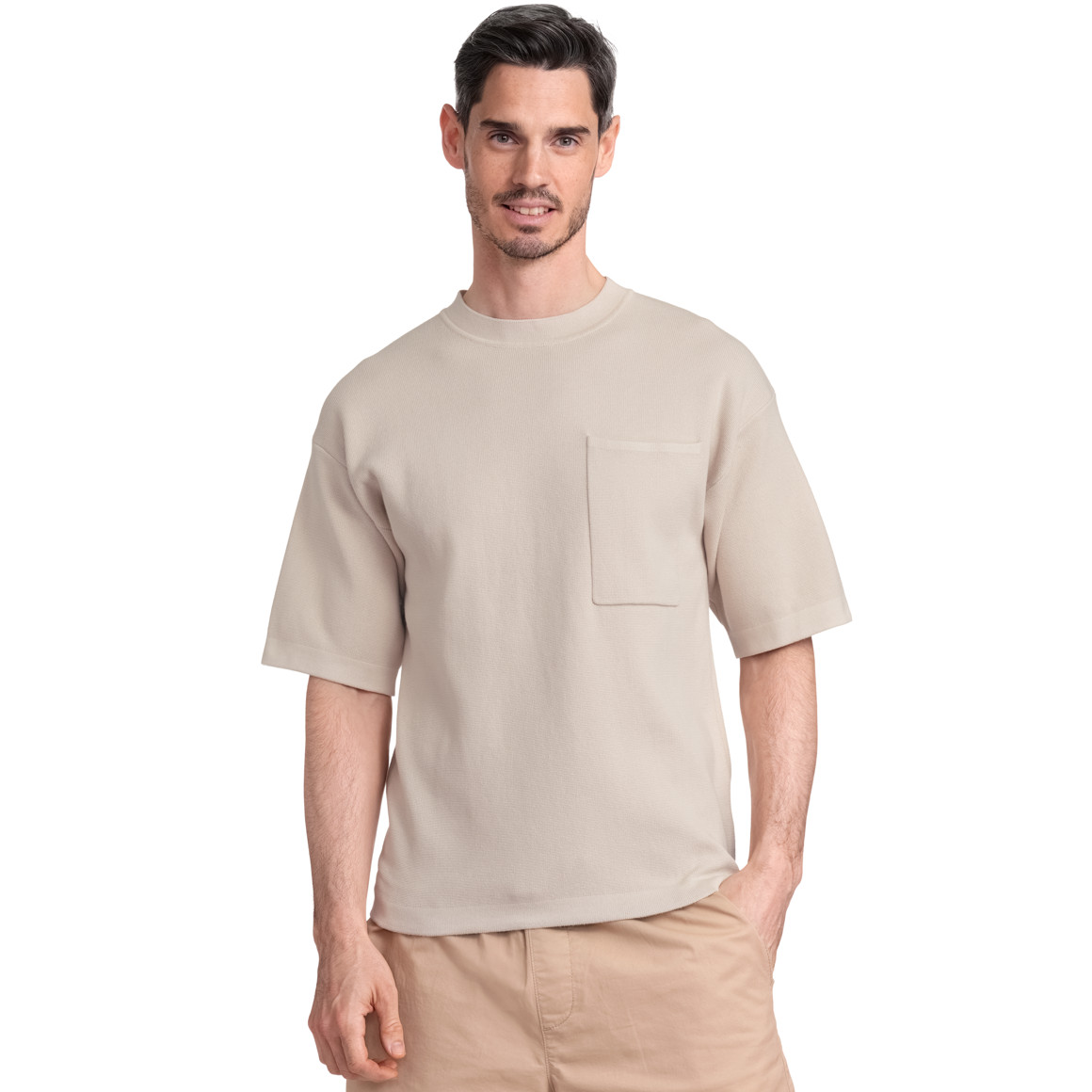 Jonas Nielsen Herren Strick-T-Shirt mit Brusttasche beige