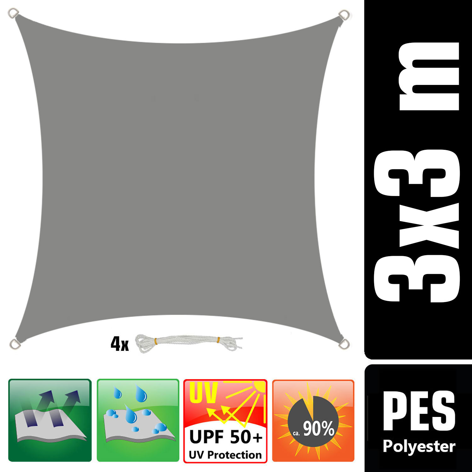 AMANKA 3x3m grijs Polyester waterdicht schaduwdoek