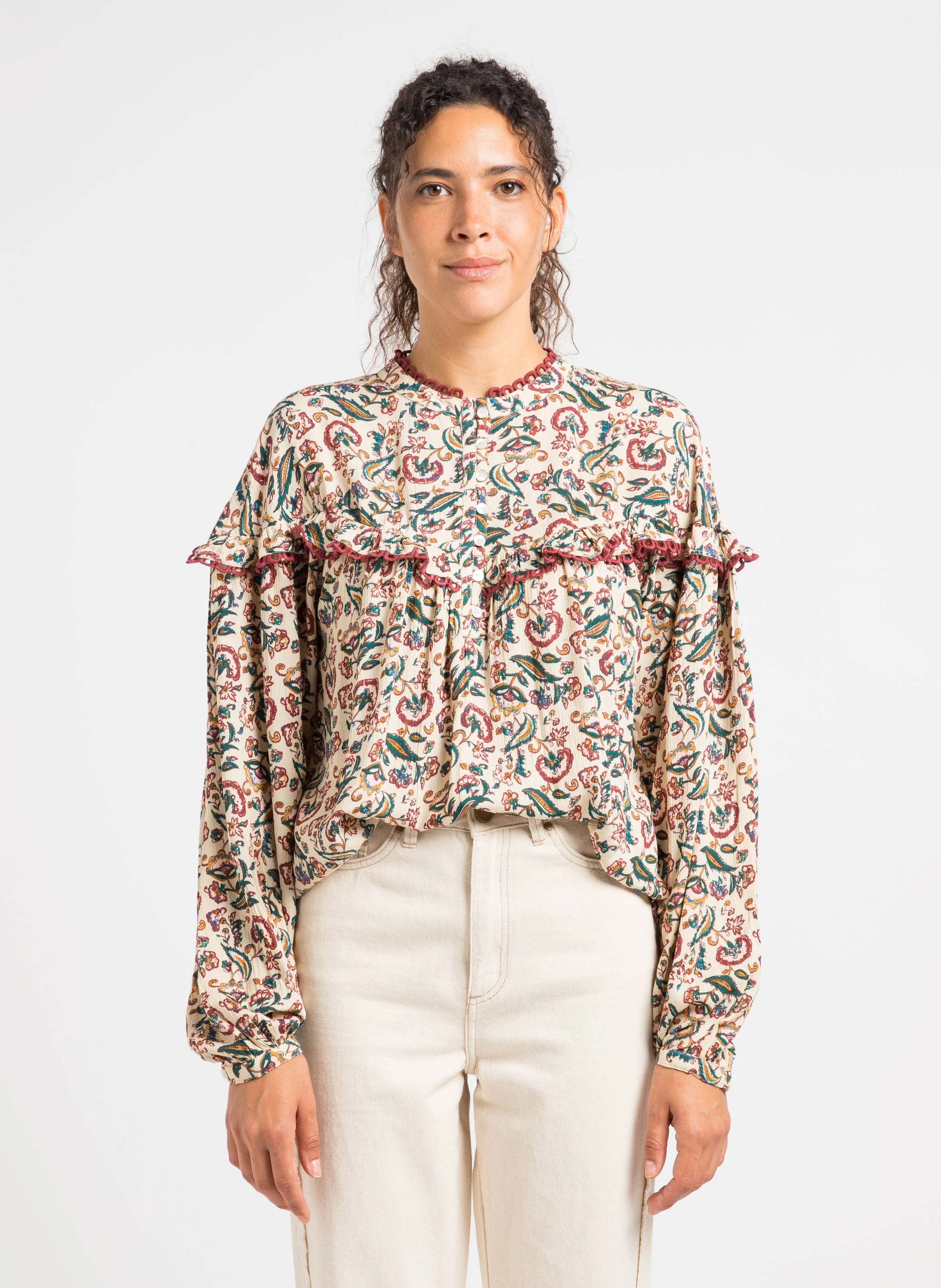 CAMILIANA - Blouse col rond ample imprimée | Beige