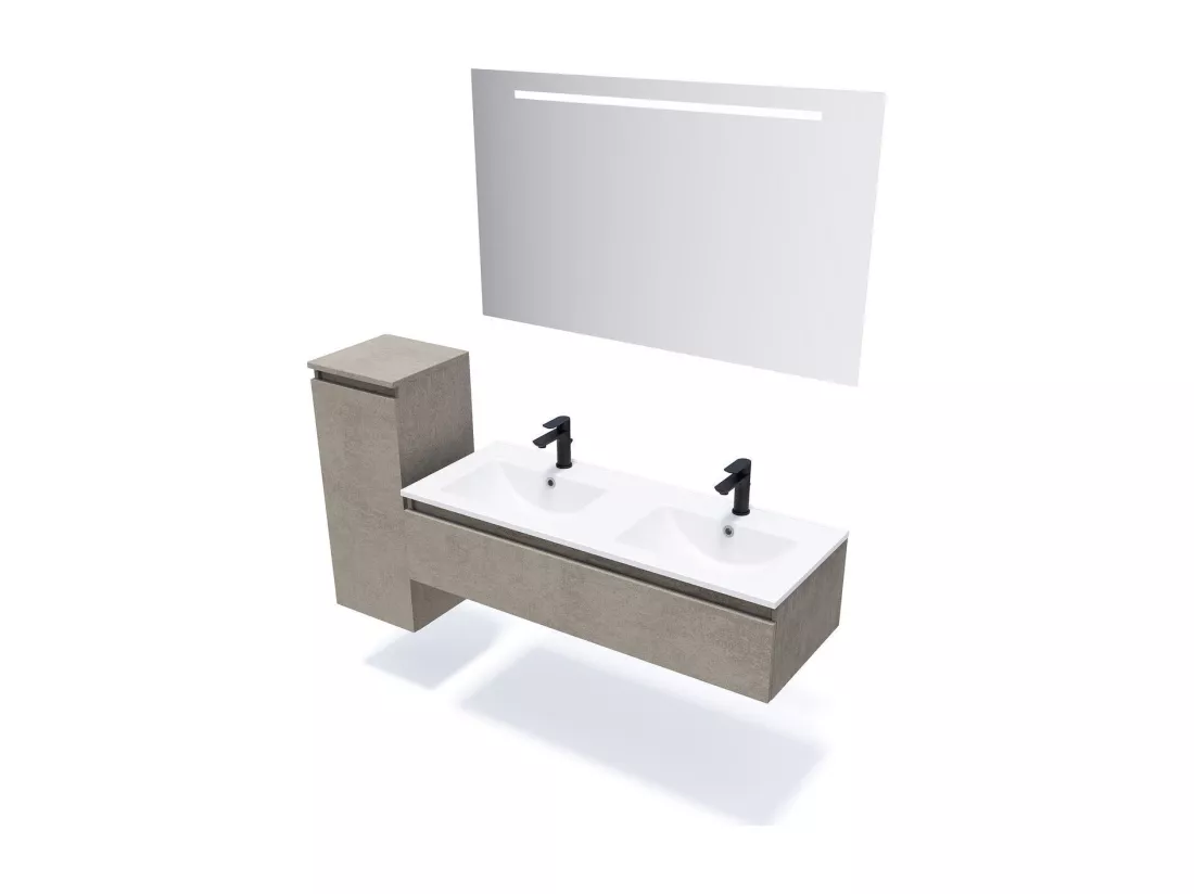 Meuble de salle de bain suspendu double vasque intégrée 120cm 1 tiroir façon Béton - Hudson