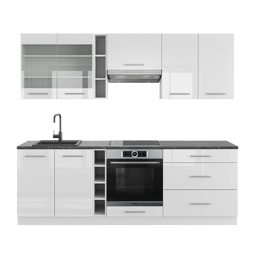 Vicco Küchenzeile Küchenblock Einbauküche Fame-Line Weiß 235 cm modern Hochglanz Küchen Schränke Hängeglasschrank Hängeschrank Schubladenunterschrank Spülenunterschrank Herdumbauschrank