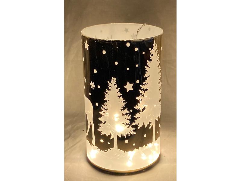 Dameco Weihnachtswindlicht Hirsch im Wald Gold/Weiss, Glas Teelichthalter mit Tier-Motiv