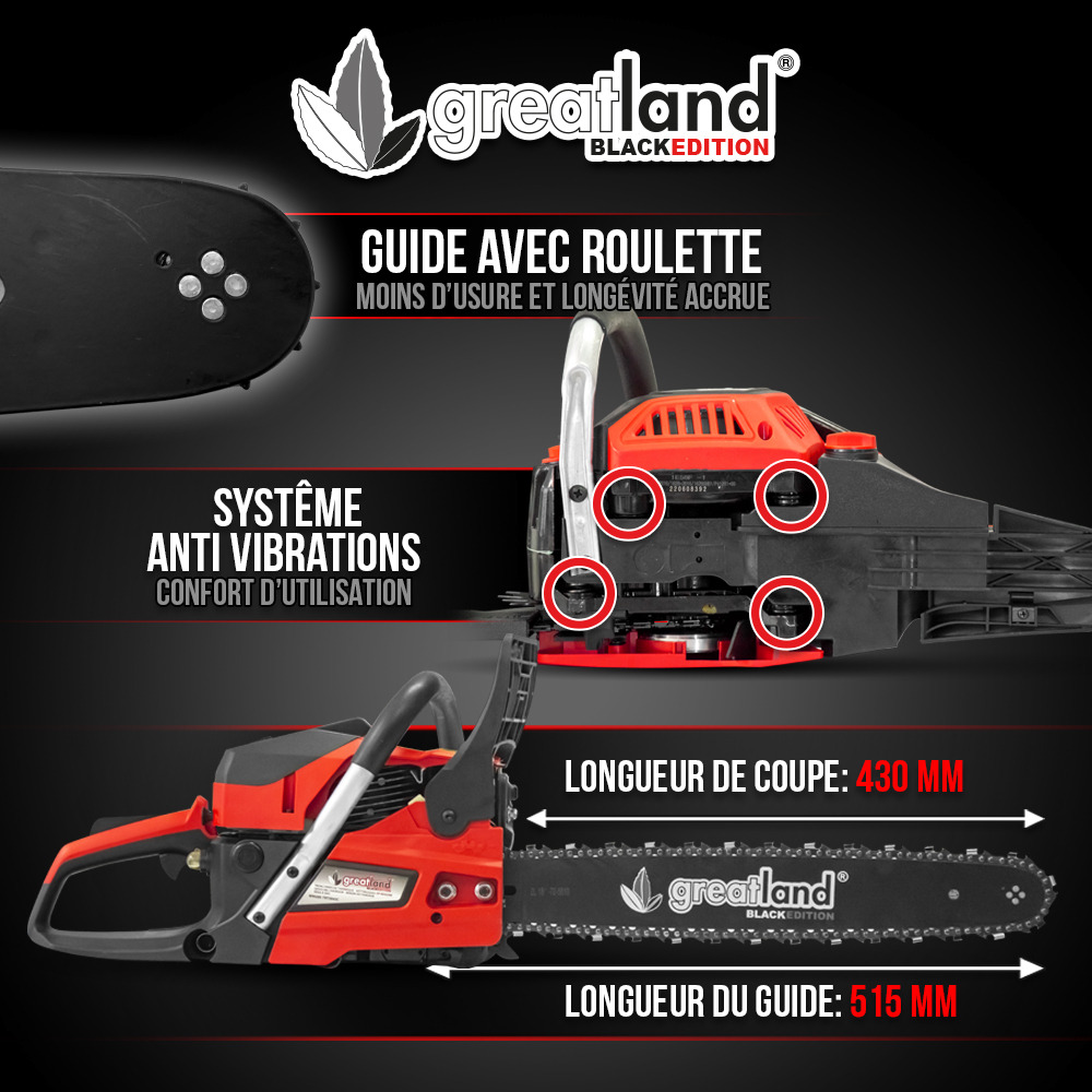 Tronçonneuse thermique 58cc - guide 51.5cm - greatland black edition