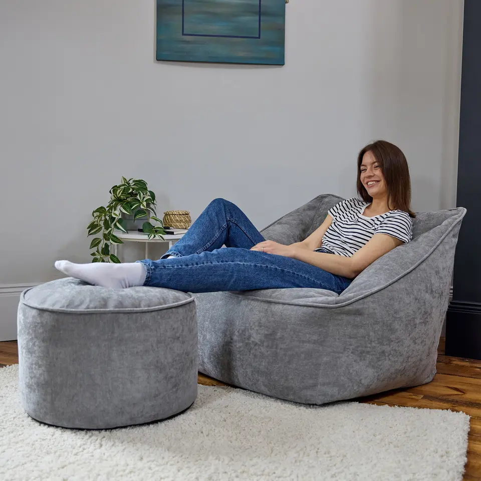 icon Zitzak en XL Poef Natalia - Chenille Zitzak Fauteuil - Grijs