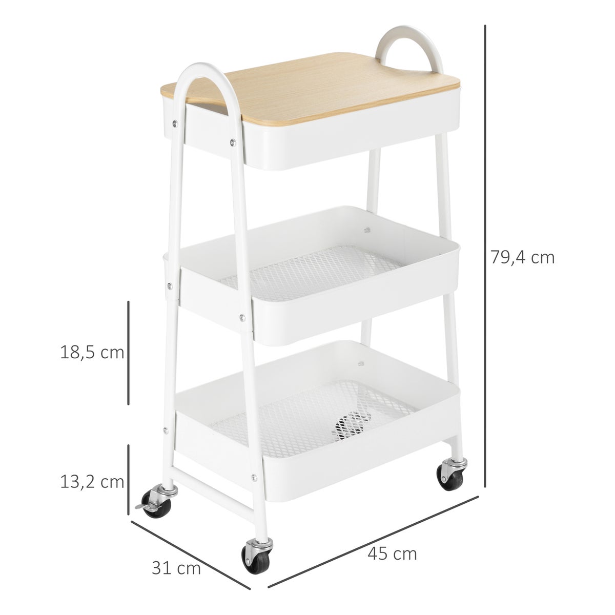 HOMCOM Keukentrolley, metalen rolwagen, metalen opbergwagen met 3 lagen, grote opbergruimte en deksel voor keuken en kantoor, opbergwagen, serveerwagen, keukenplank met wielen, staal, wit, 45 x 31 x 79,4 cm
