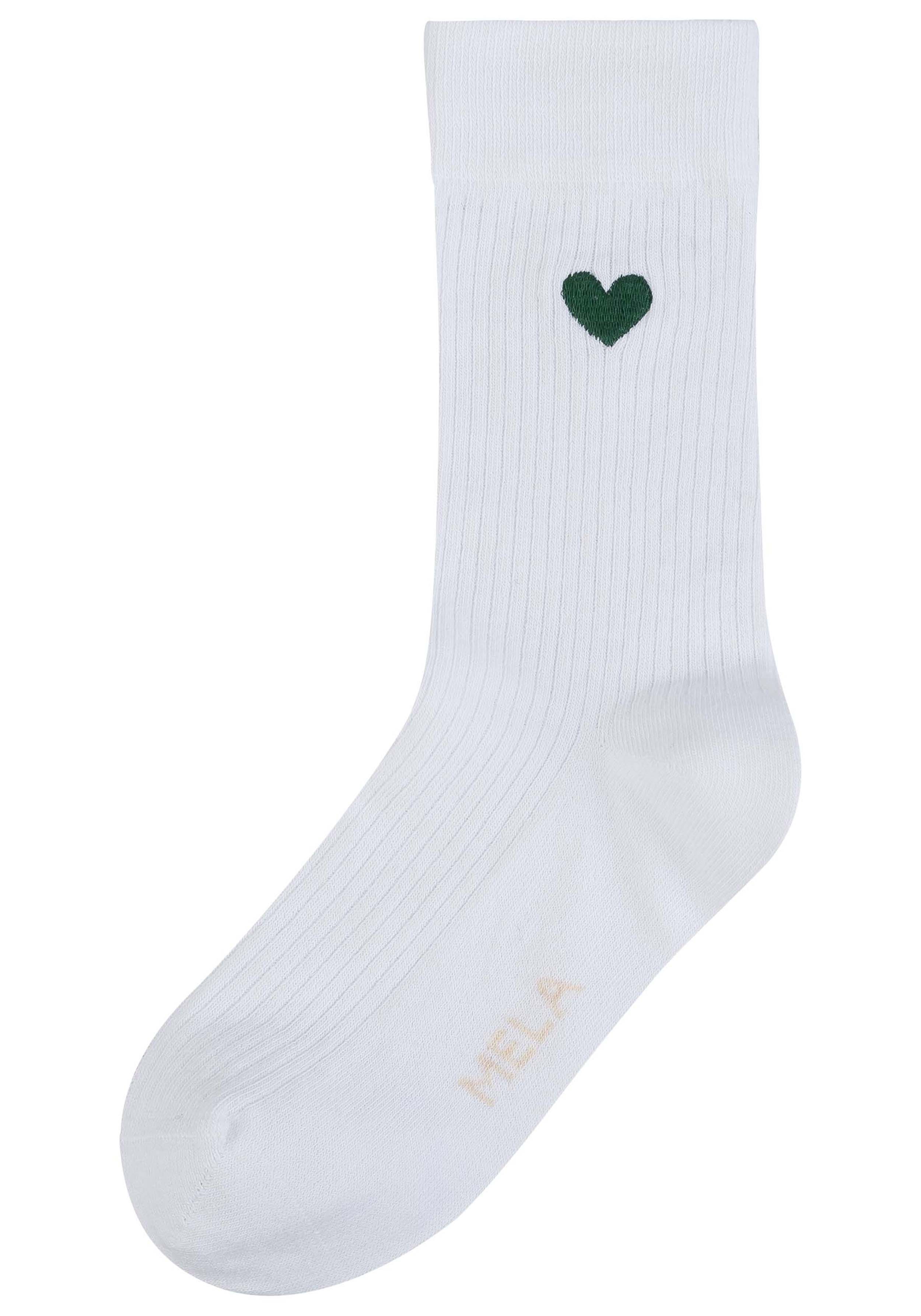 Mela 1er-Pack Socken Ribbed mit Stickerei Weiss/Grünes Herz