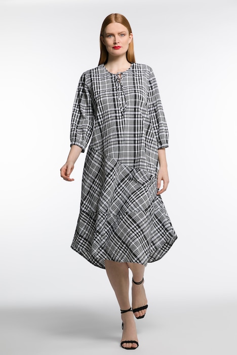 Midikleid, Seersucker, A-Linie, Karo, Rundhals, 3/4-Arm
