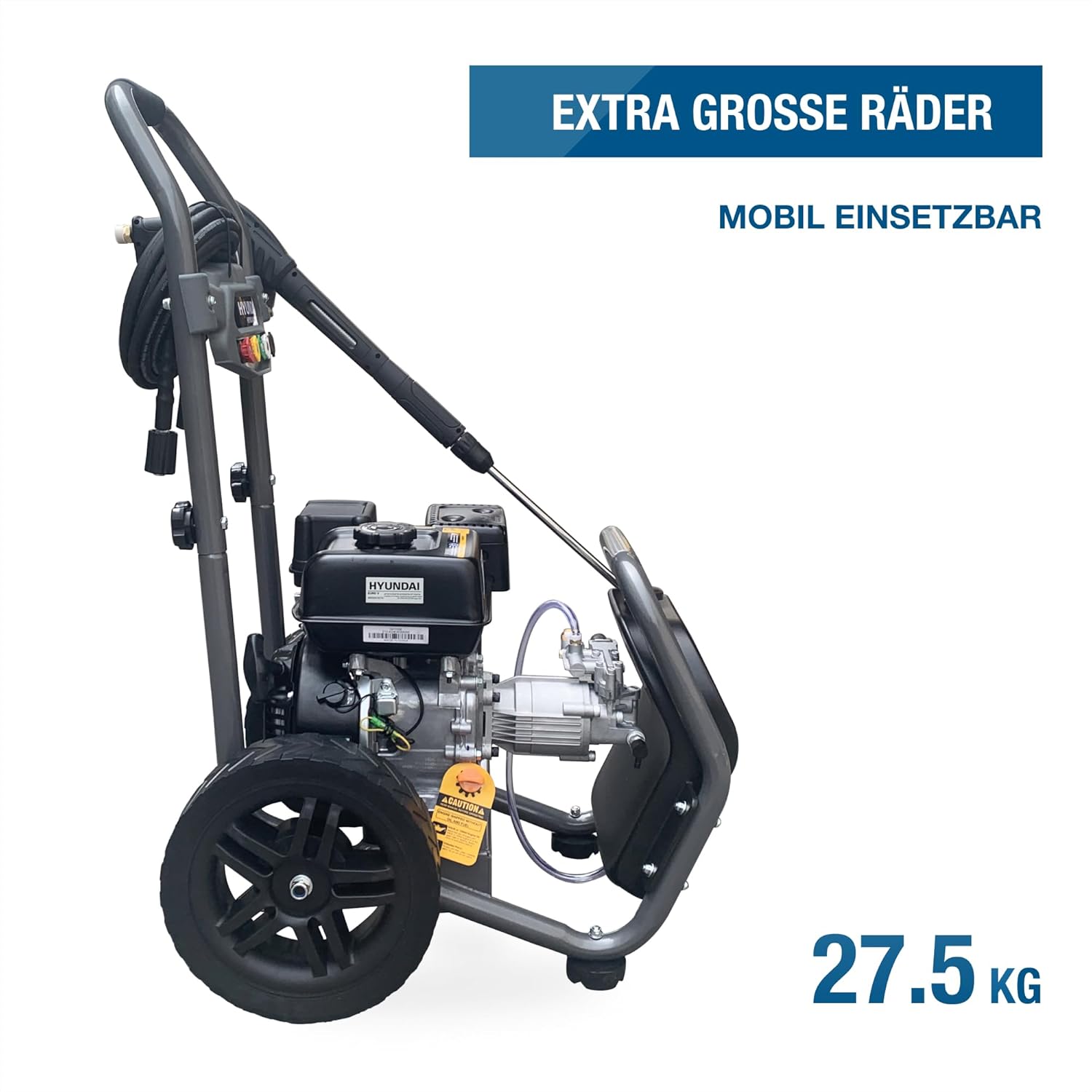 HYUNDAI Benzin-Hochdruckreiniger HYW3400P | max. 234 bar - 540 l/h (9 m³/min) | 3.7 kW / 5.0 PS Benzinmotor | verstärkter 10m Schlauch, 5 Düsenaufsätze | 5 L Reinigungsmitteltank