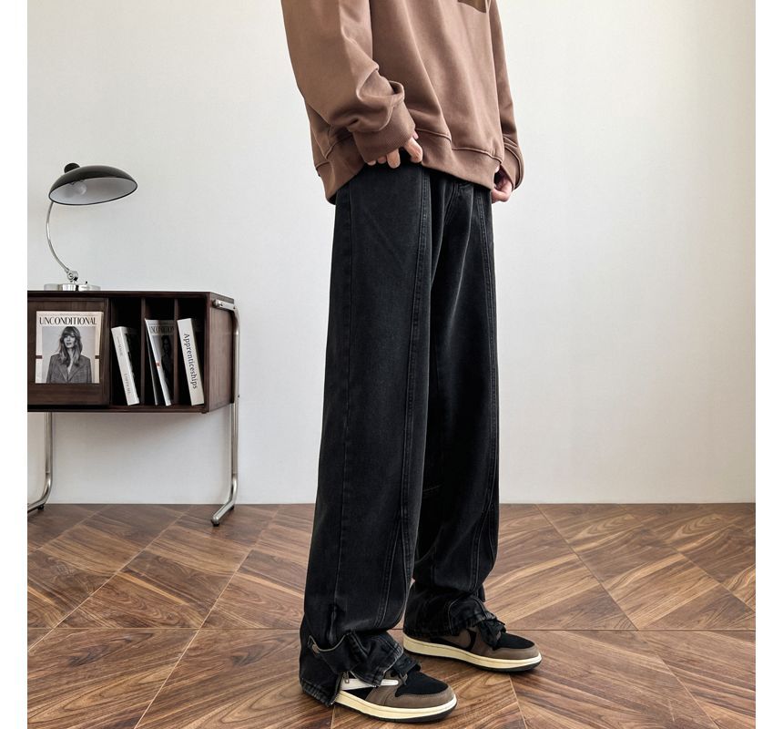 Tiaota - Mid Rise Washed Zip Slit Straight Leg Jeans