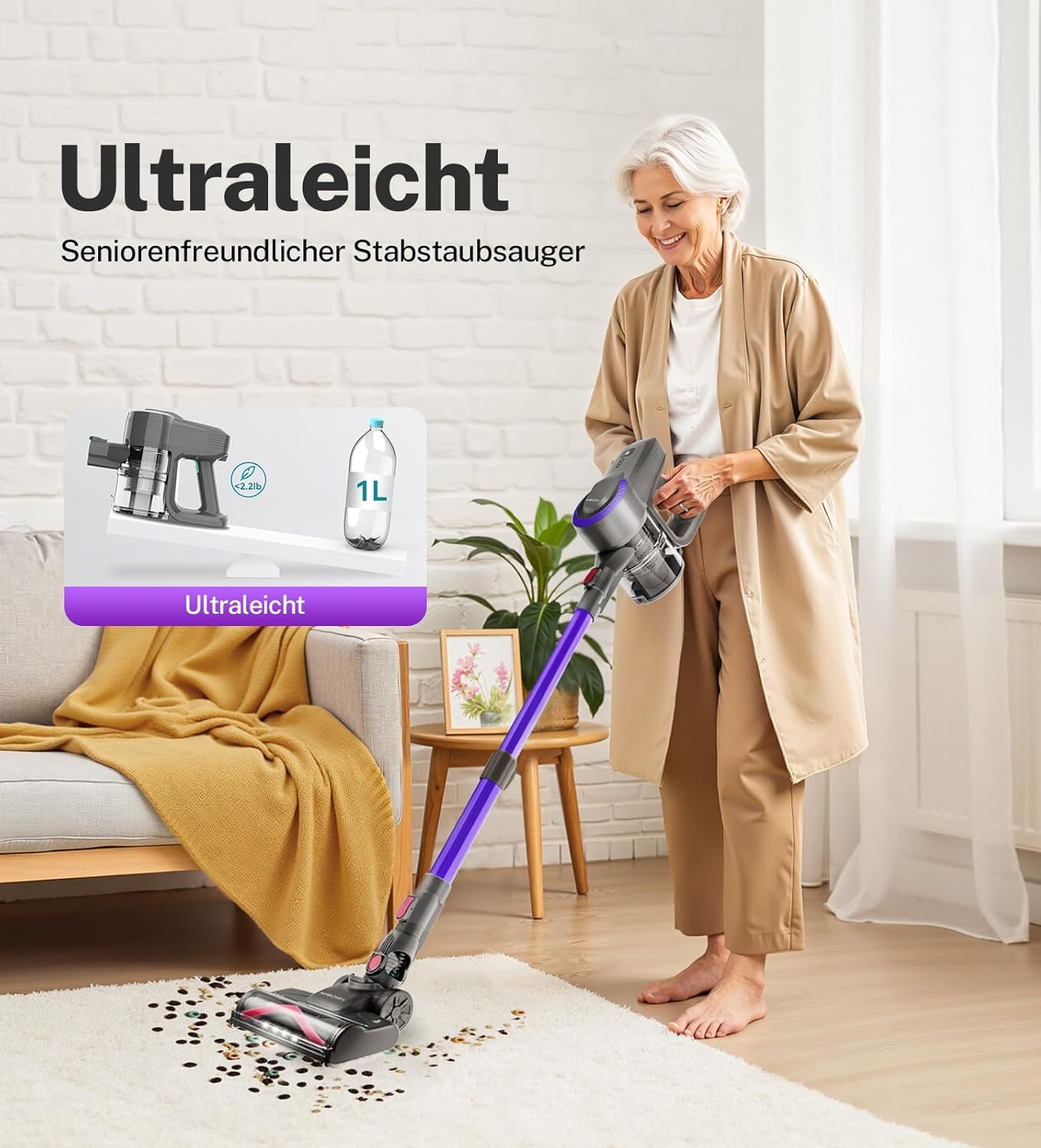 Akku Staubsauger, 28000Pa/175W/55Min Staubsauger Kabellos, Anti-Tangle-Bürste und Selbststehend, Ultraleichter Handstaubsauger akku vacuum cleaner Stielstaubsauger für Teppichen, Hartboden, Tierhaare
